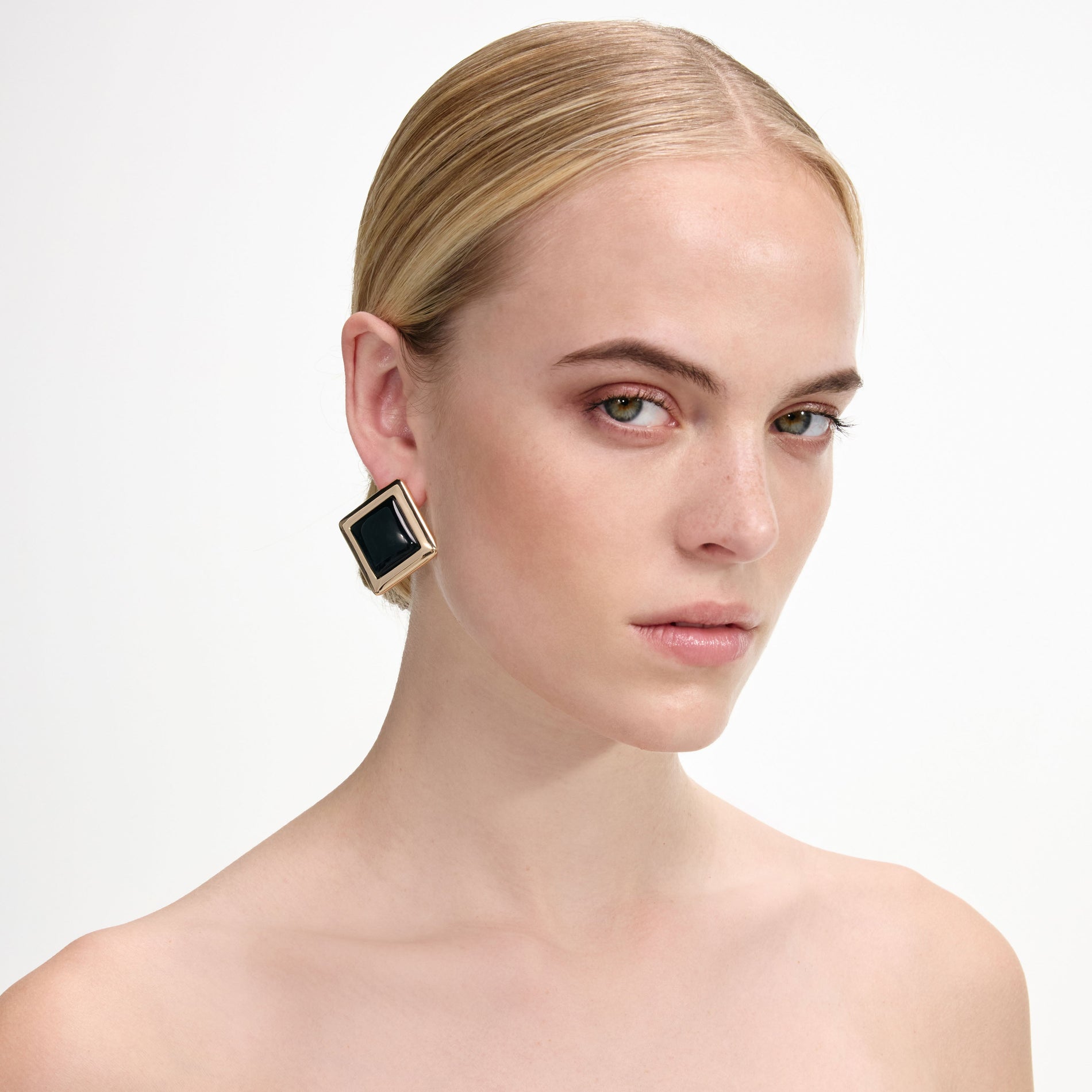Black Enamel Gold Square Earrings