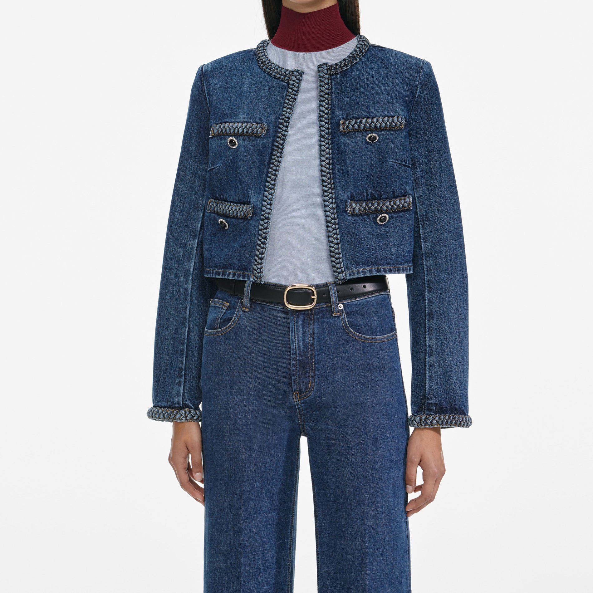 A close up of a woman wearing the Navy Metallic Gathered Maxi Dress