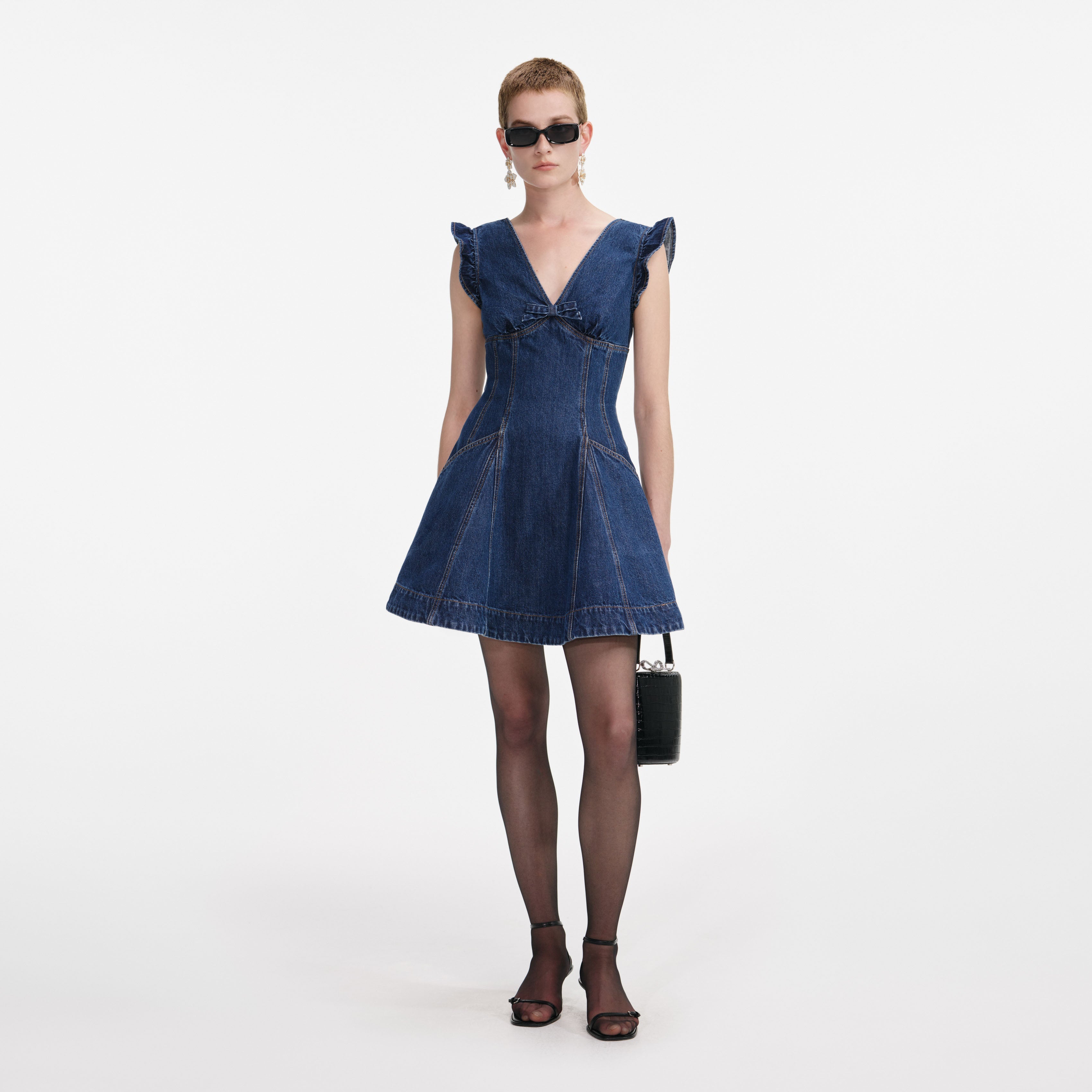 Denim Flared Bow Mini Dress Denim Flared Bow Mini Dress