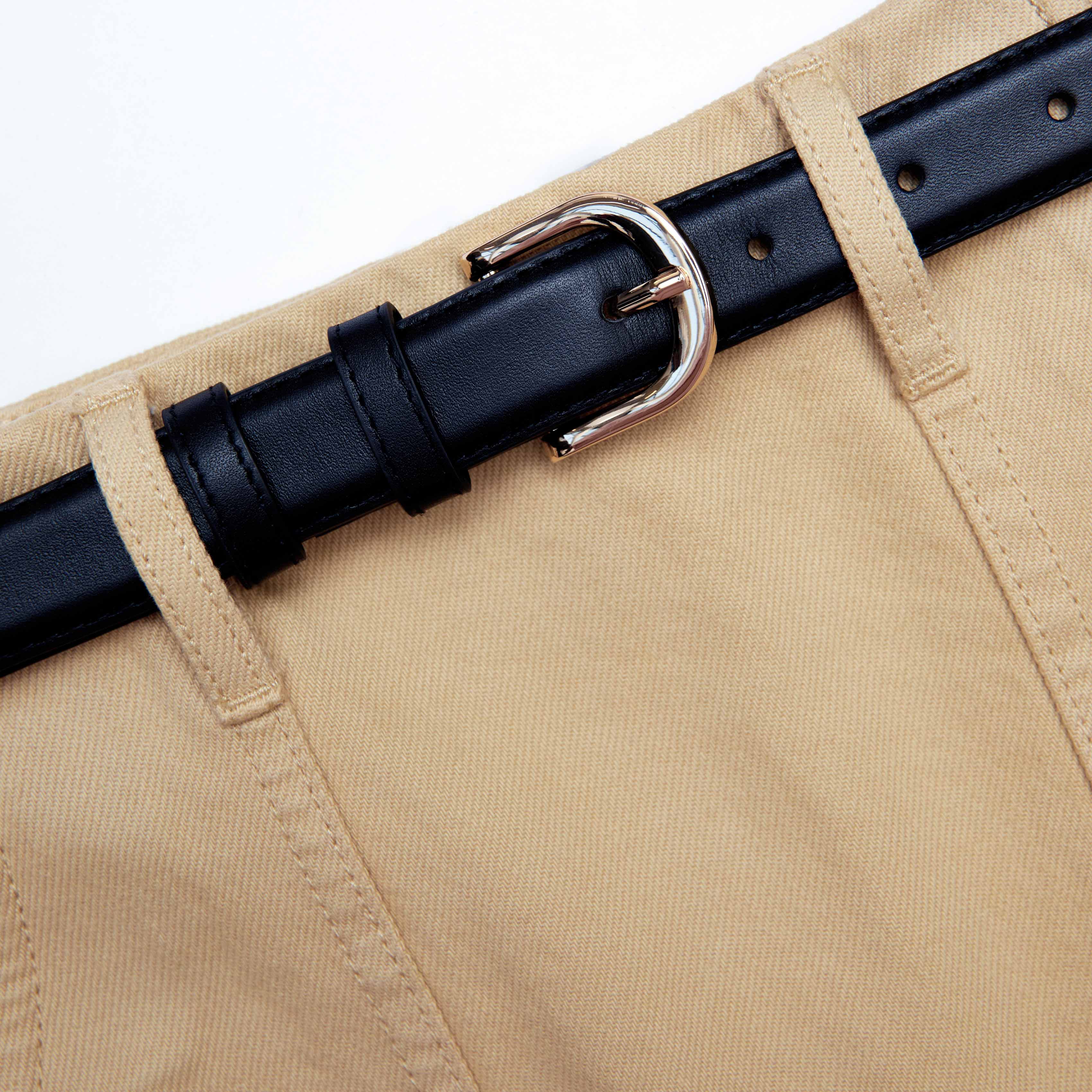 Beige Denim Belted Mini Skirt