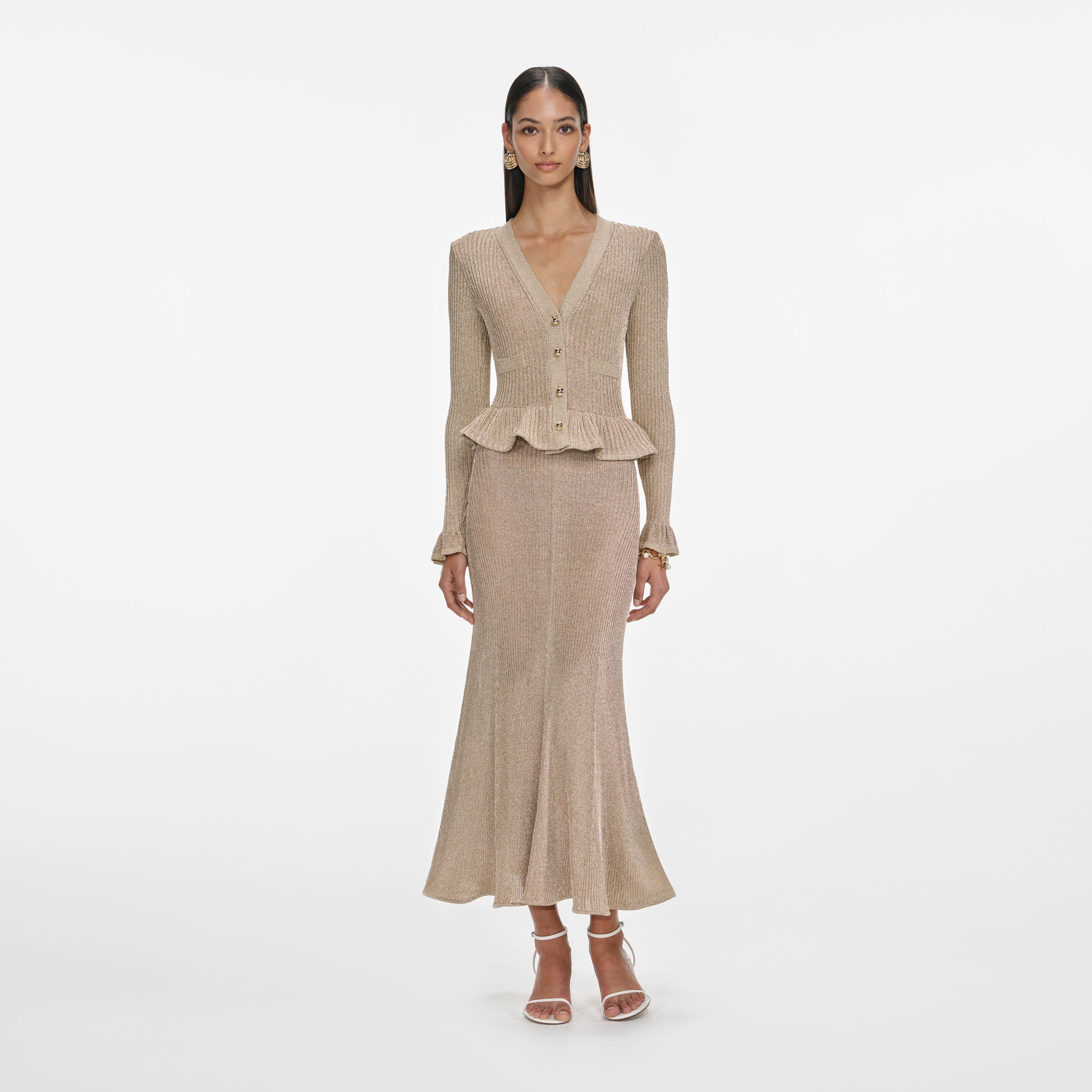Gold Lurex Peplum Knit Midi Dress Gold Lurex Peplum Knit Midi Dress