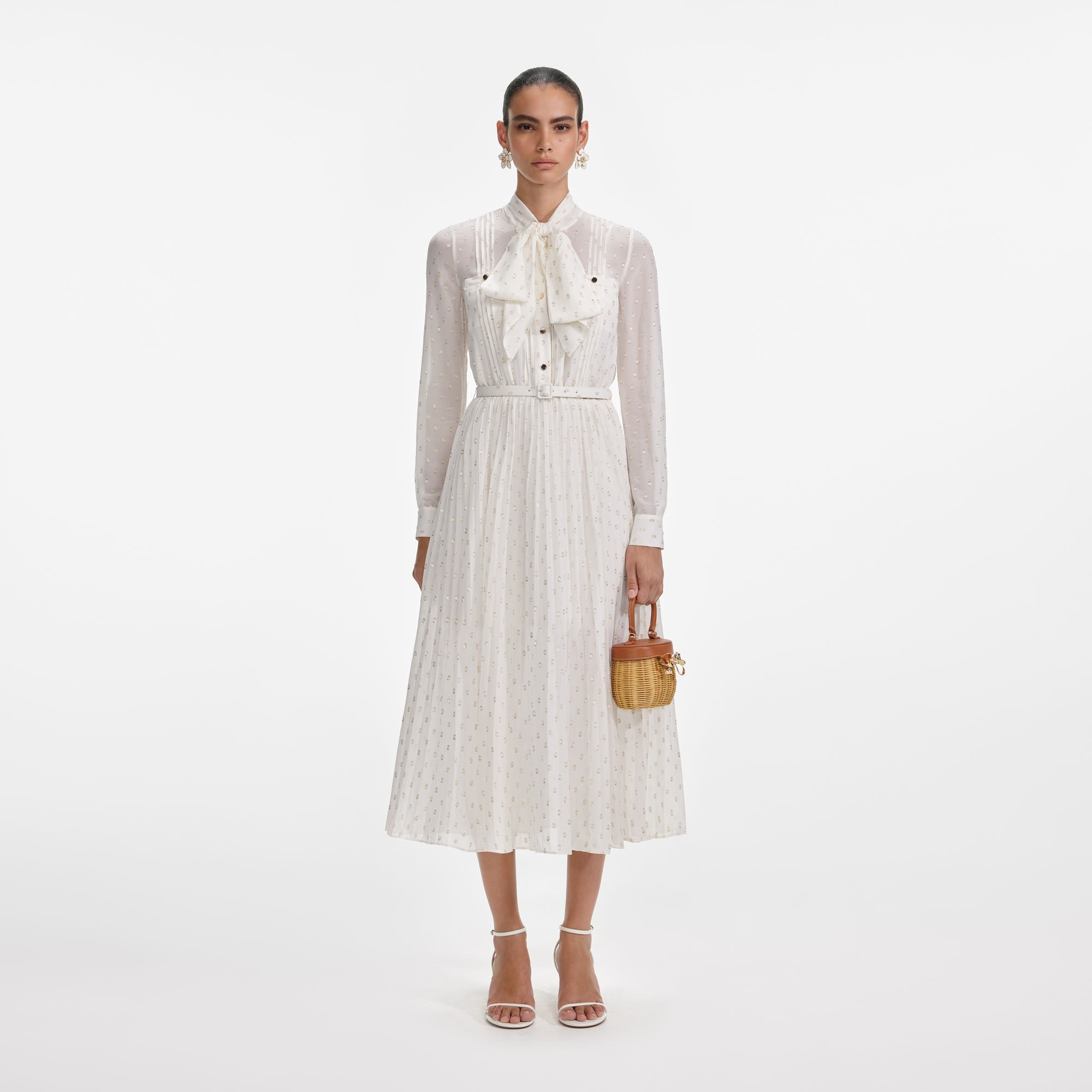 Cream And Gold Tie Neck Midi Dress self-portrait-US Cream And Gold Tie Neck Midi Dress self-portrait-US