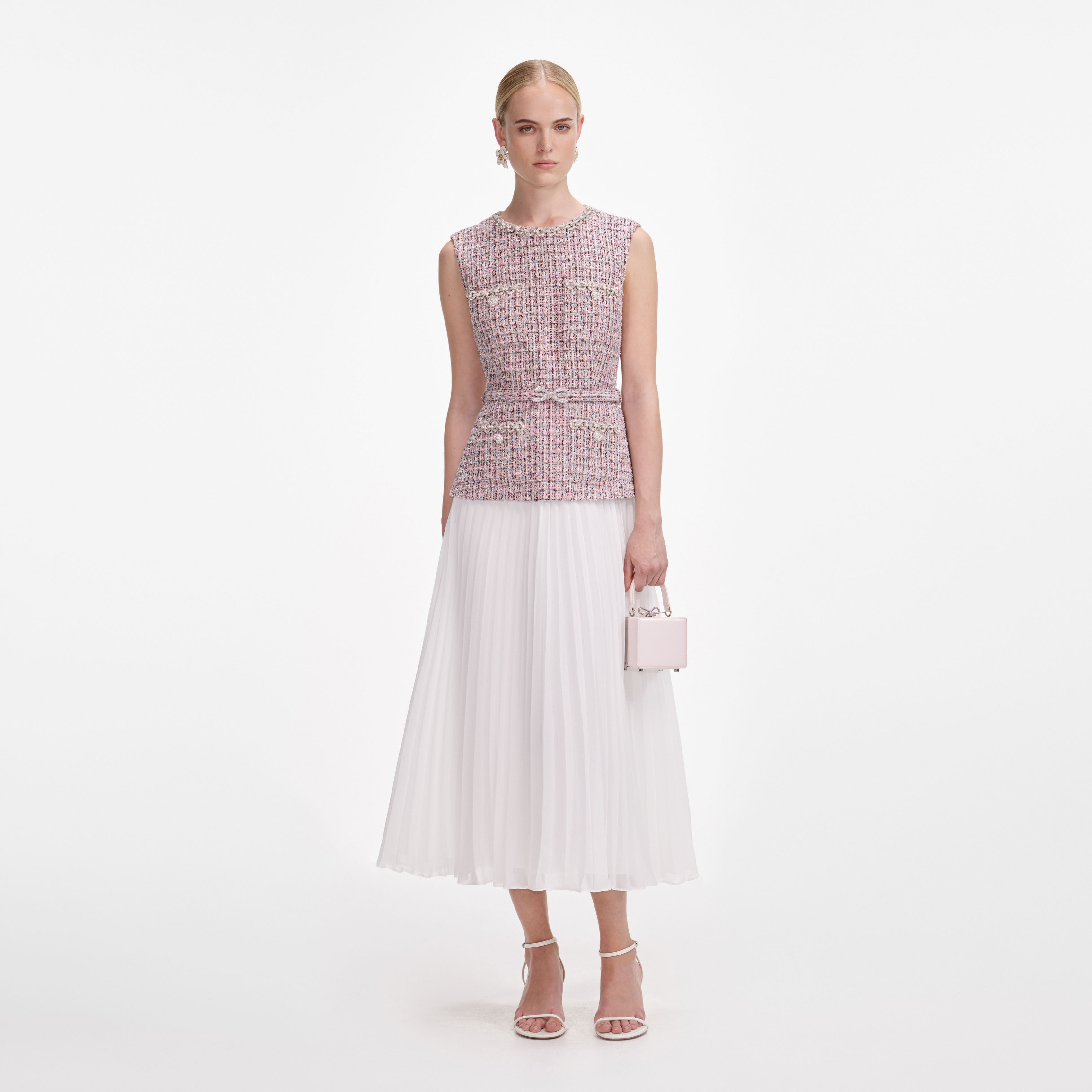 Pink Boucle Chiffon Midi Dress Pink Boucle Chiffon Midi Dress