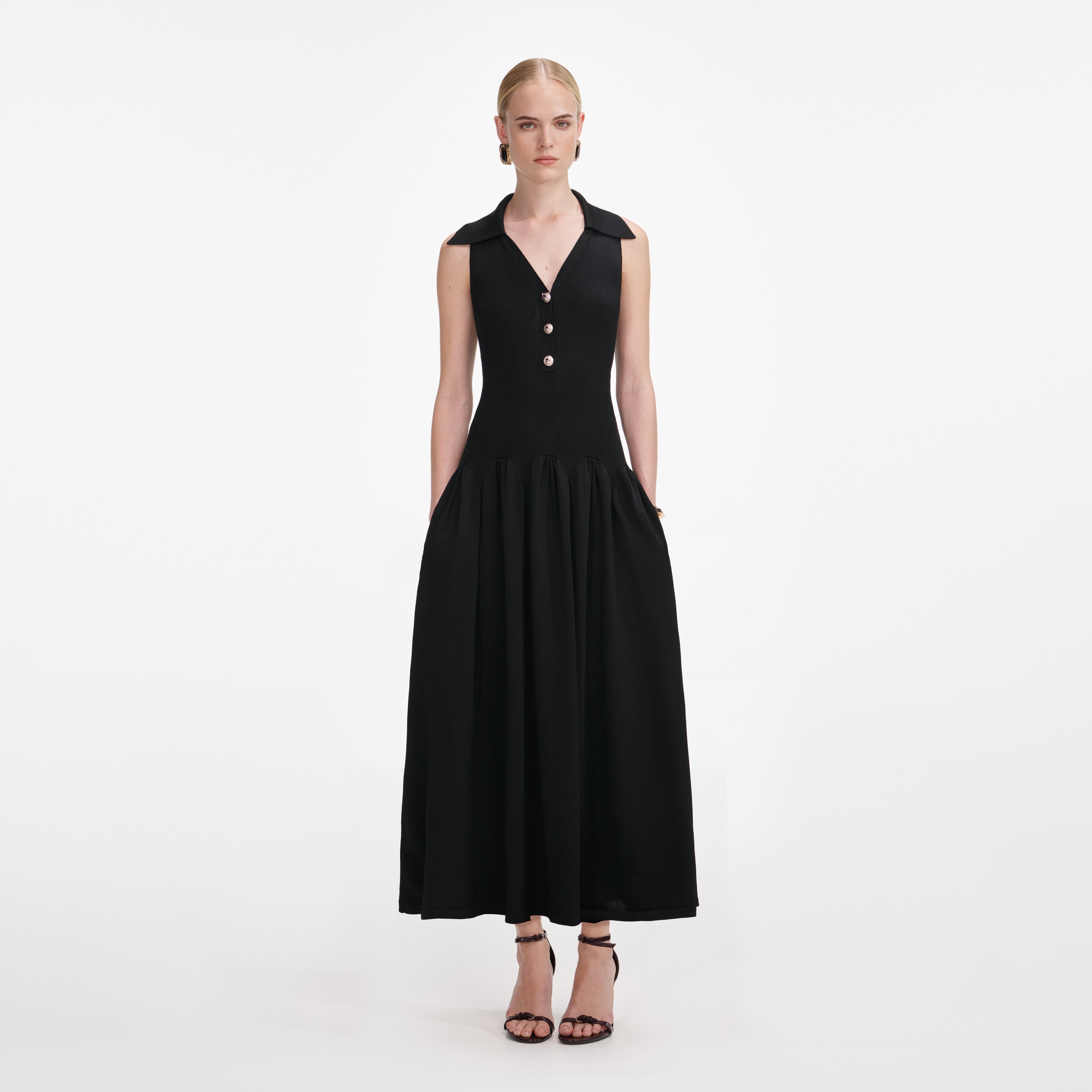 self-portrait - Black Ribbed Knit Midi Dress - S self-portrait - Black Ribbed Knit Midi Dress - S