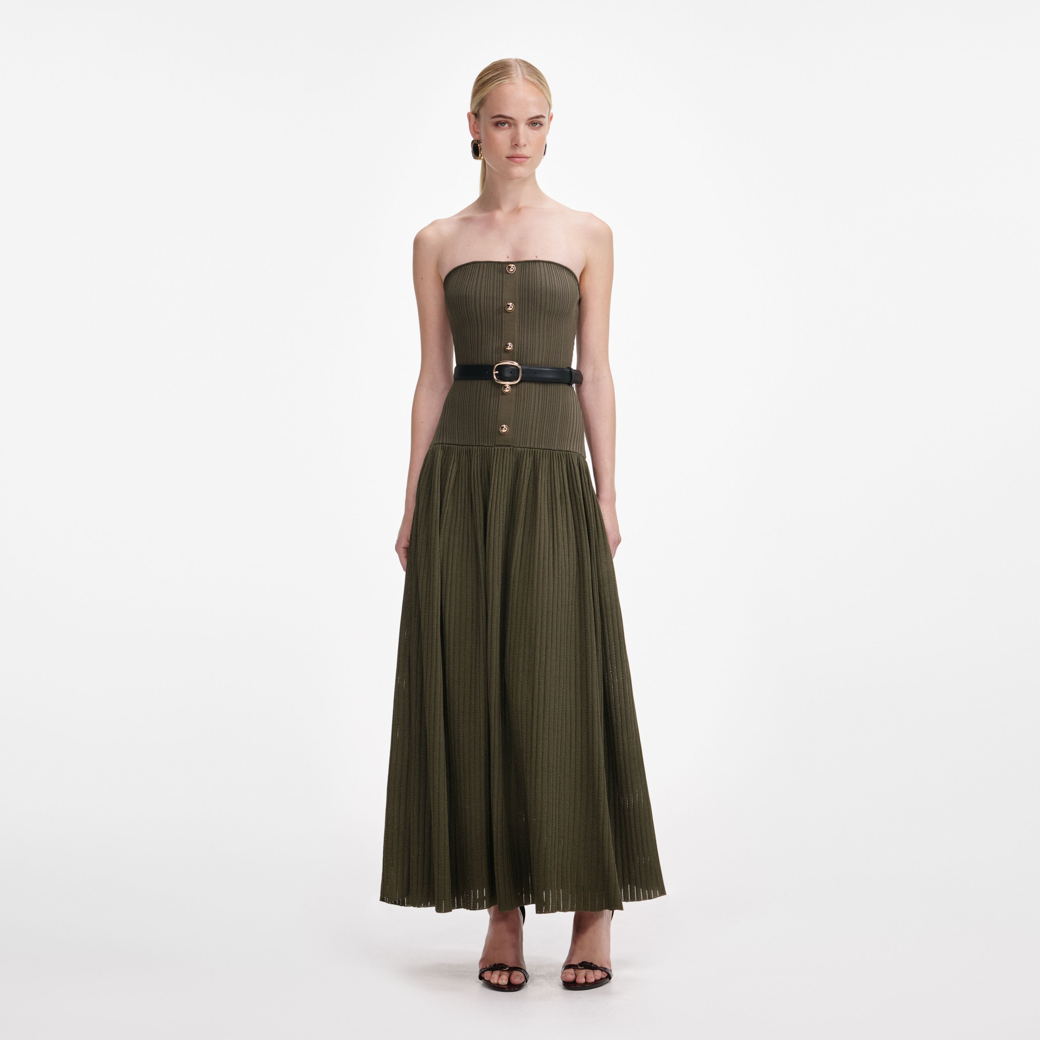 khaki midi dress self-portrait - Khaki Bandeau Knit Midi Dress