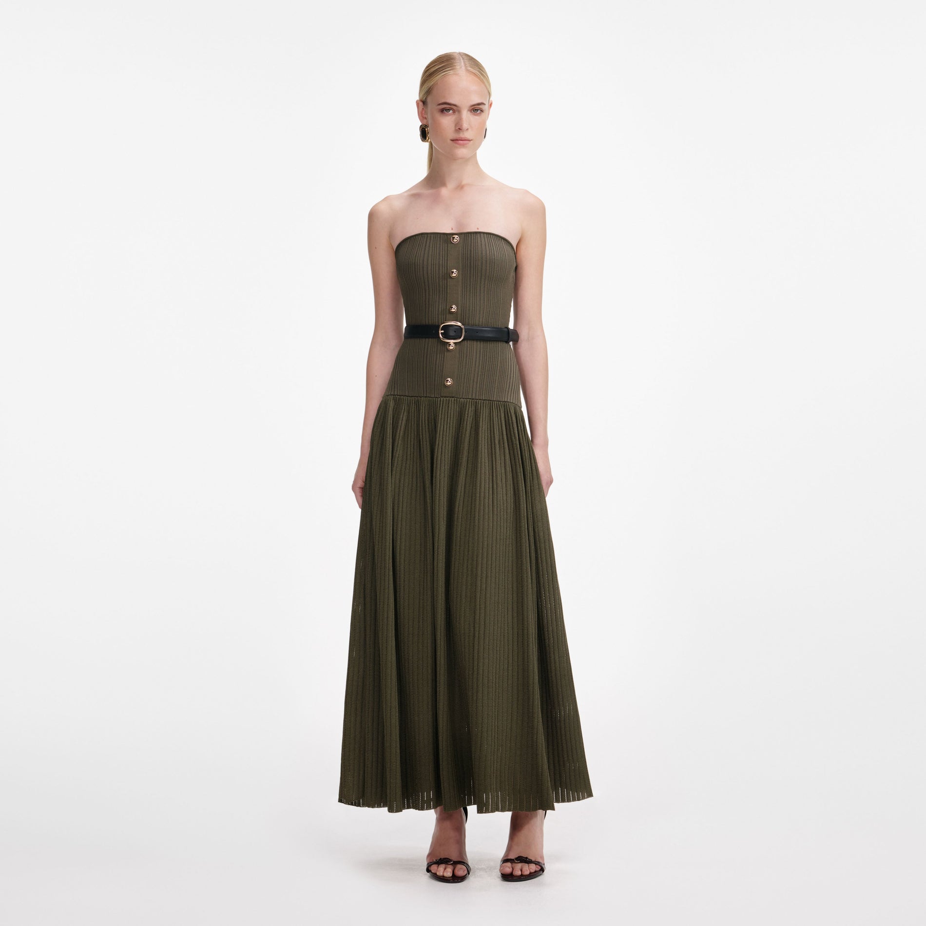 Front view of a woman wearing the Khaki Bandeau Knit Midi Dress
