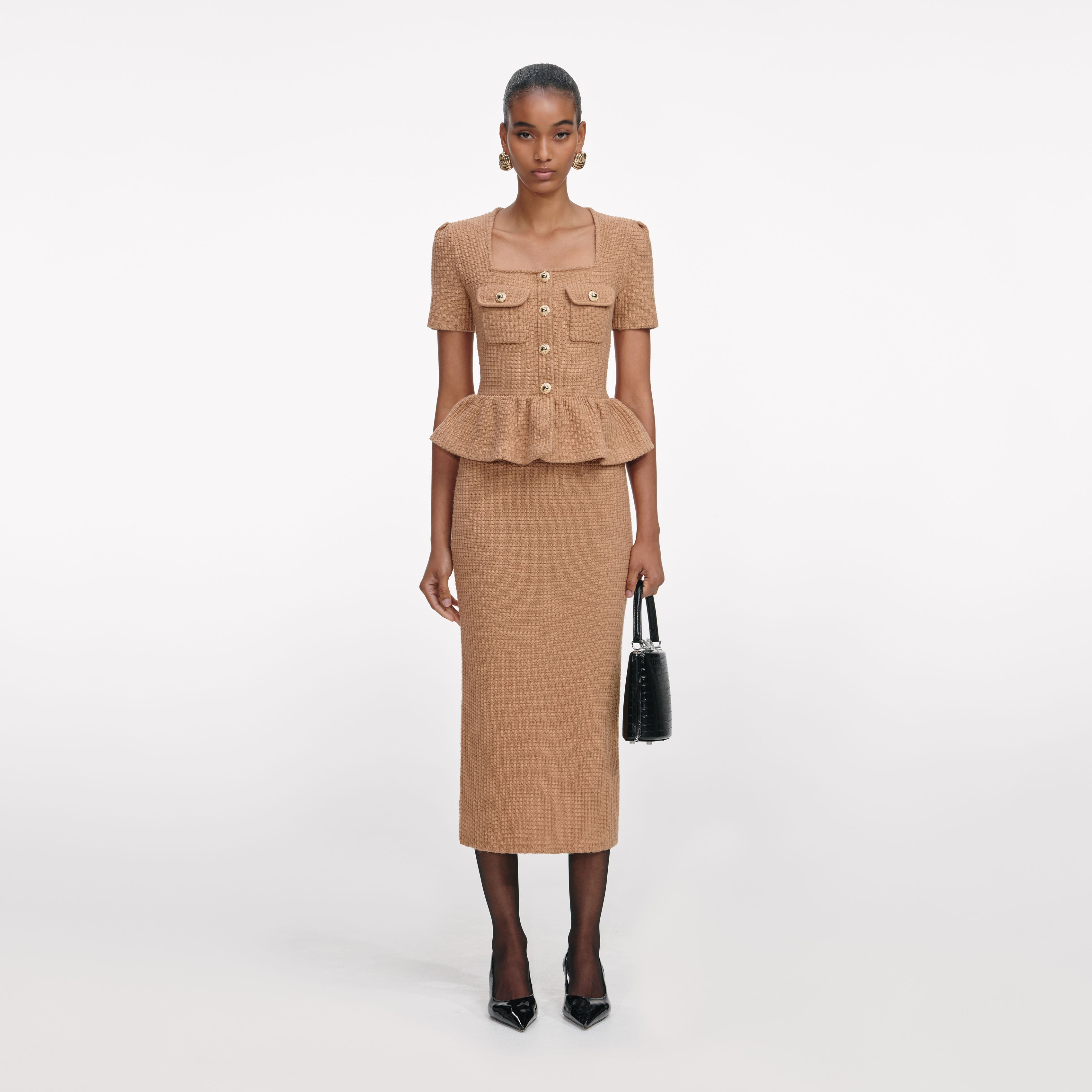 camel roll neck ribbed knitted midi dress Camel Fuzzy Knit Sleeveless Turtle Neck Midi Dress