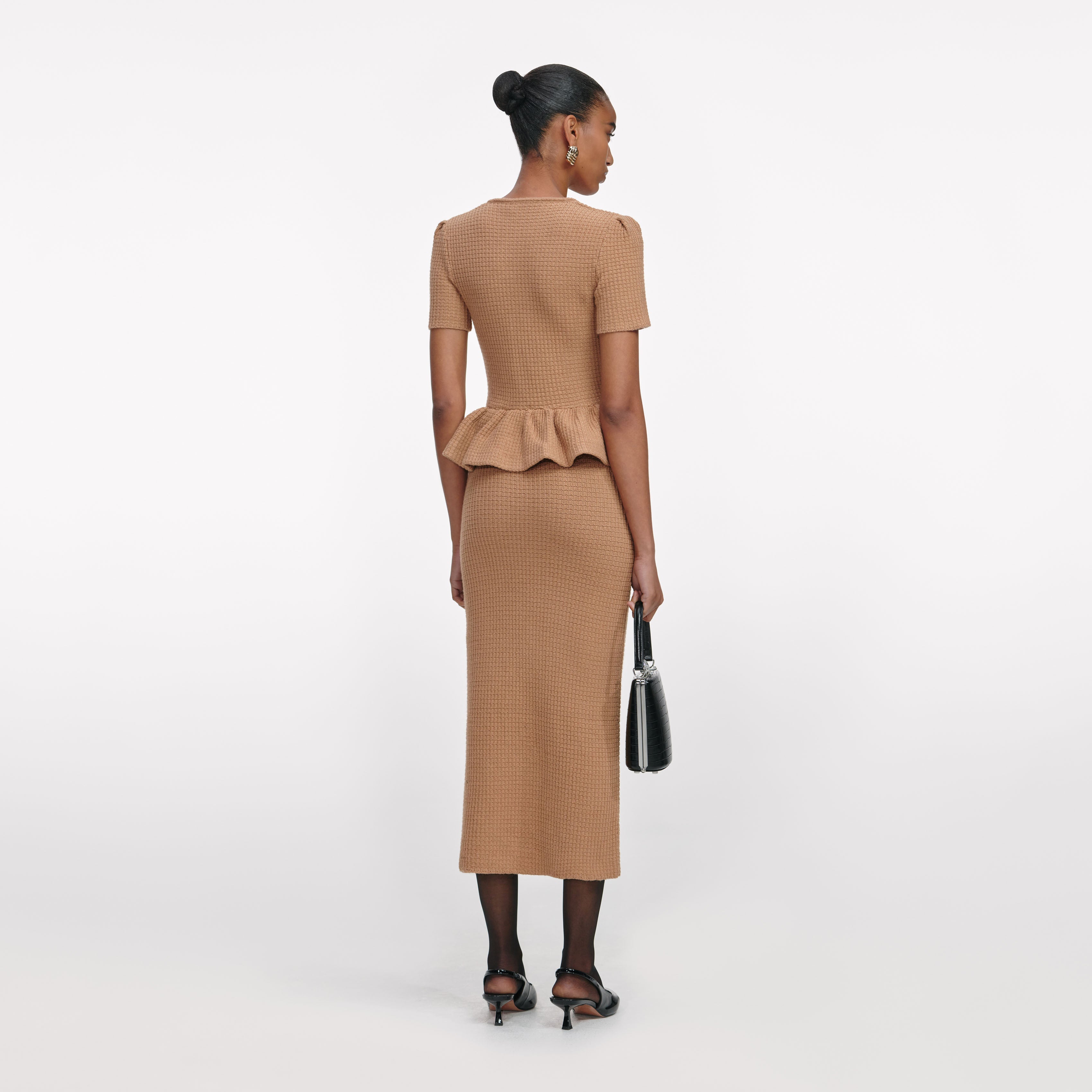 Camel Peplum Knit Midi Dress