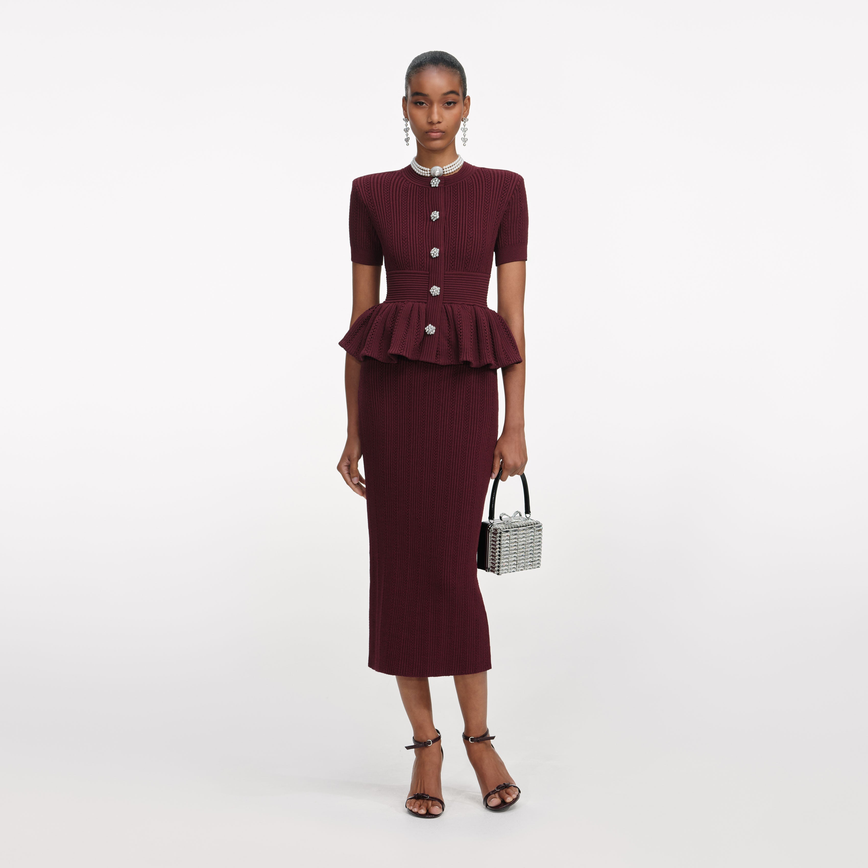 Burgundy Pointelle Knit Midi Dress self-portrait-US Burgundy Pointelle Knit Midi Dress self-portrait-US