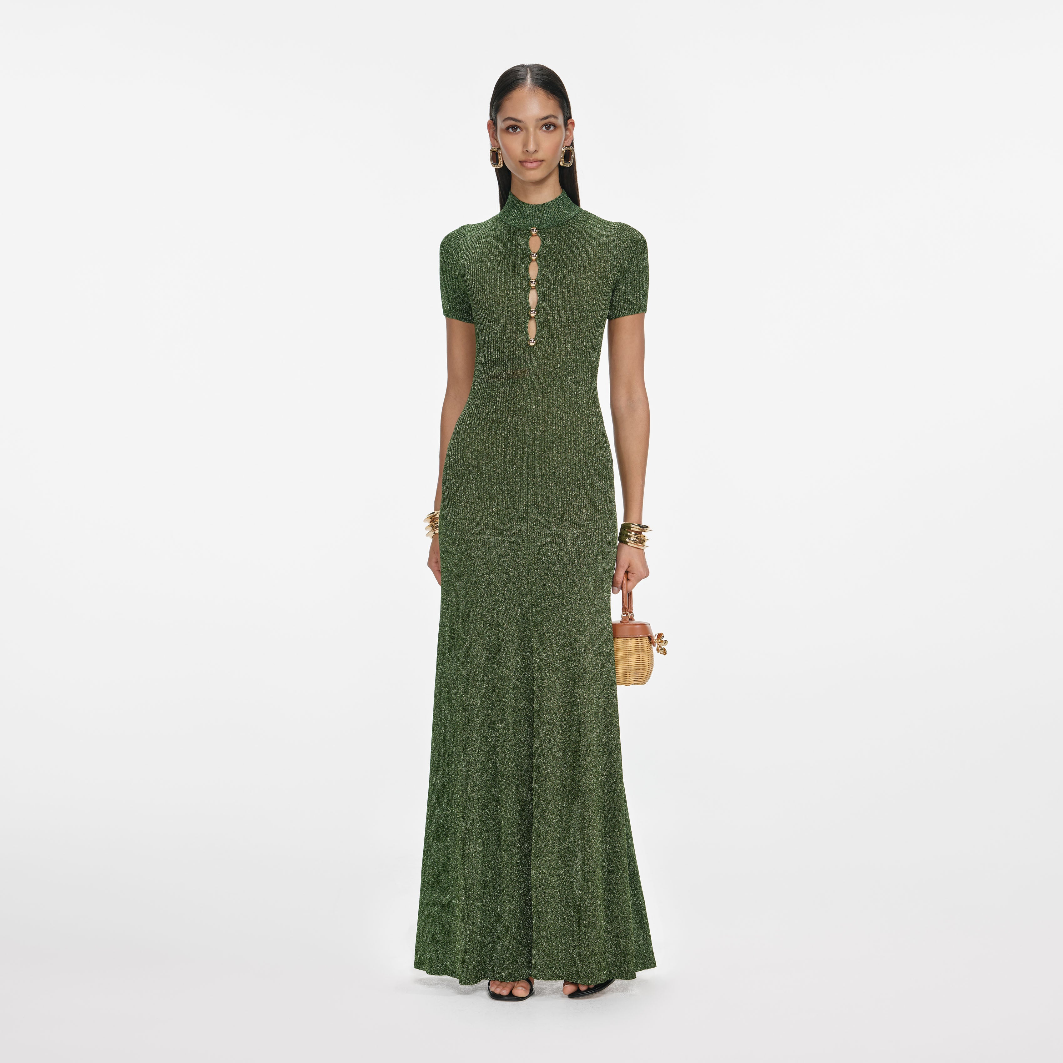self-portrait - Khaki Lurex Knit Maxi Dress - M self-portrait - Khaki Lurex Knit Maxi Dress - M