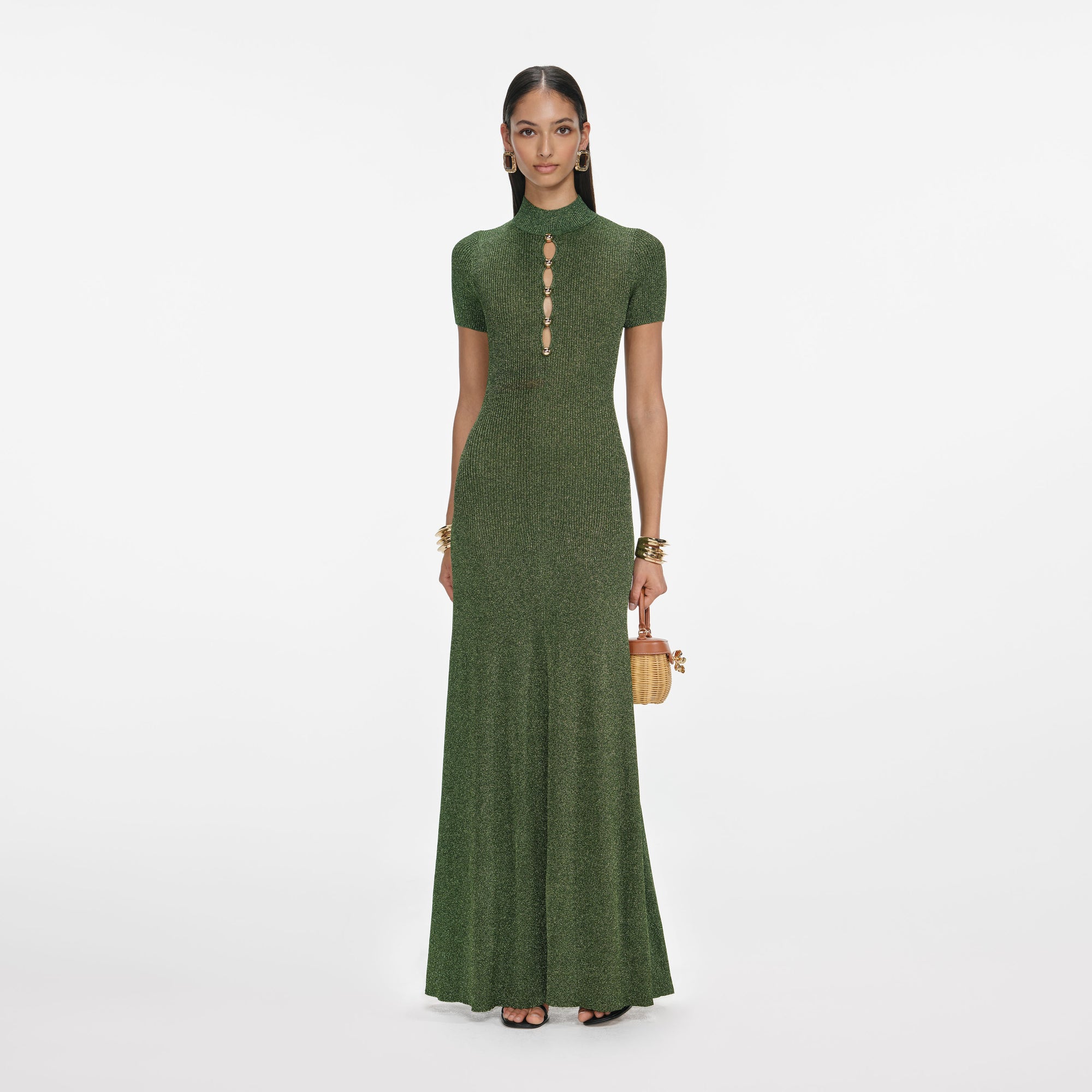 Khaki Lurex Knit Maxi Dress