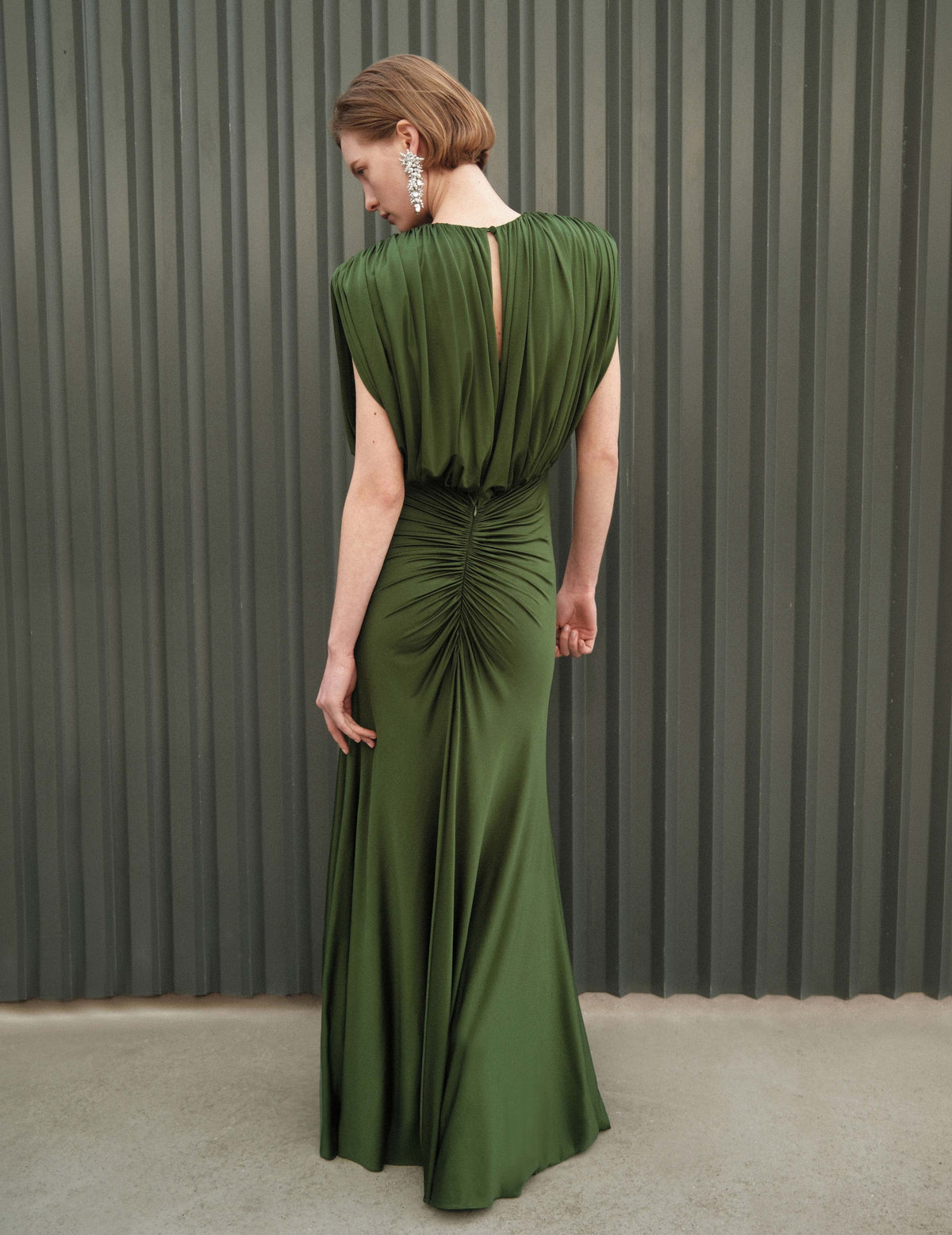Olive Jersey Gathered Maxi Dress
