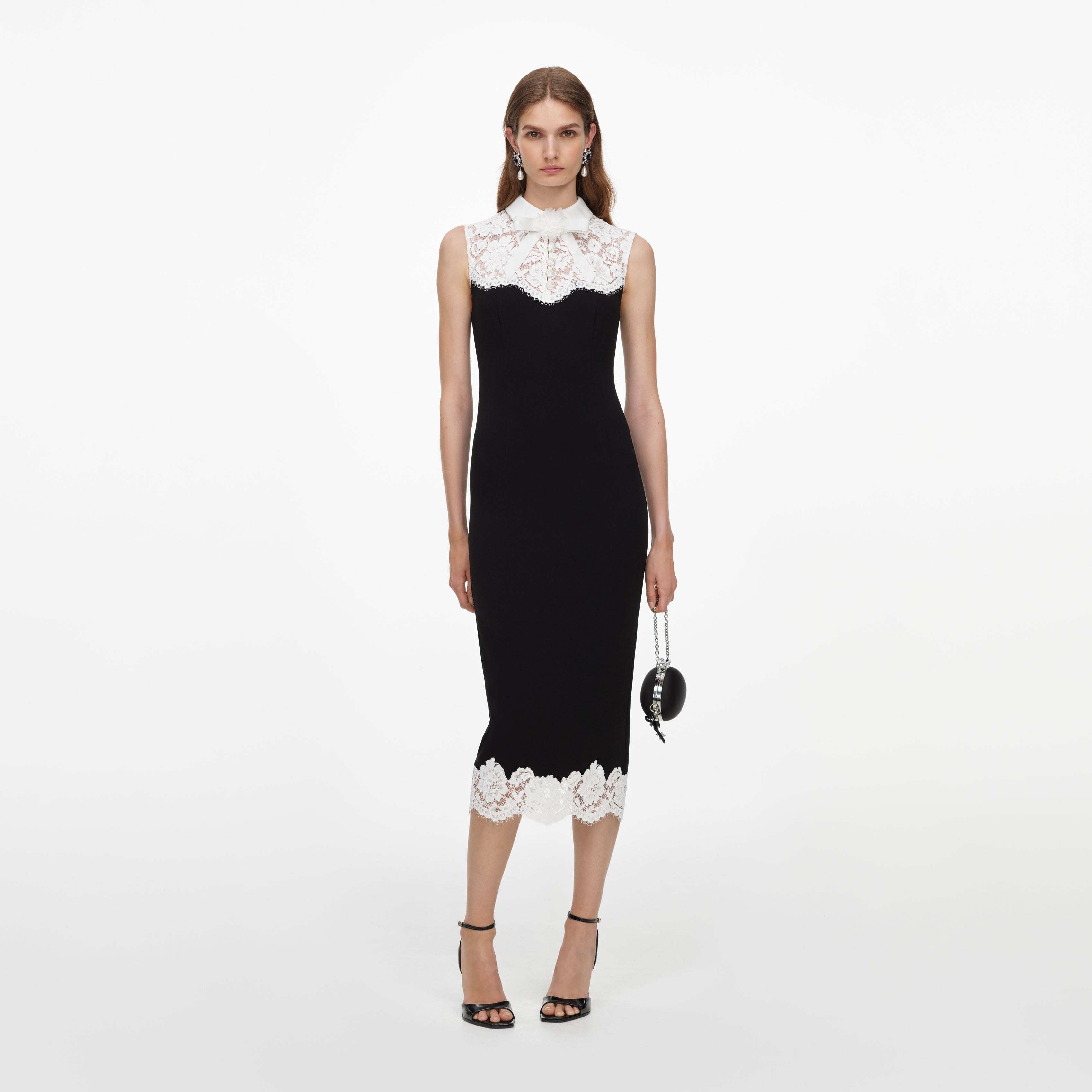 midi black dress with white trim Bliss Scalloped Midi Dress