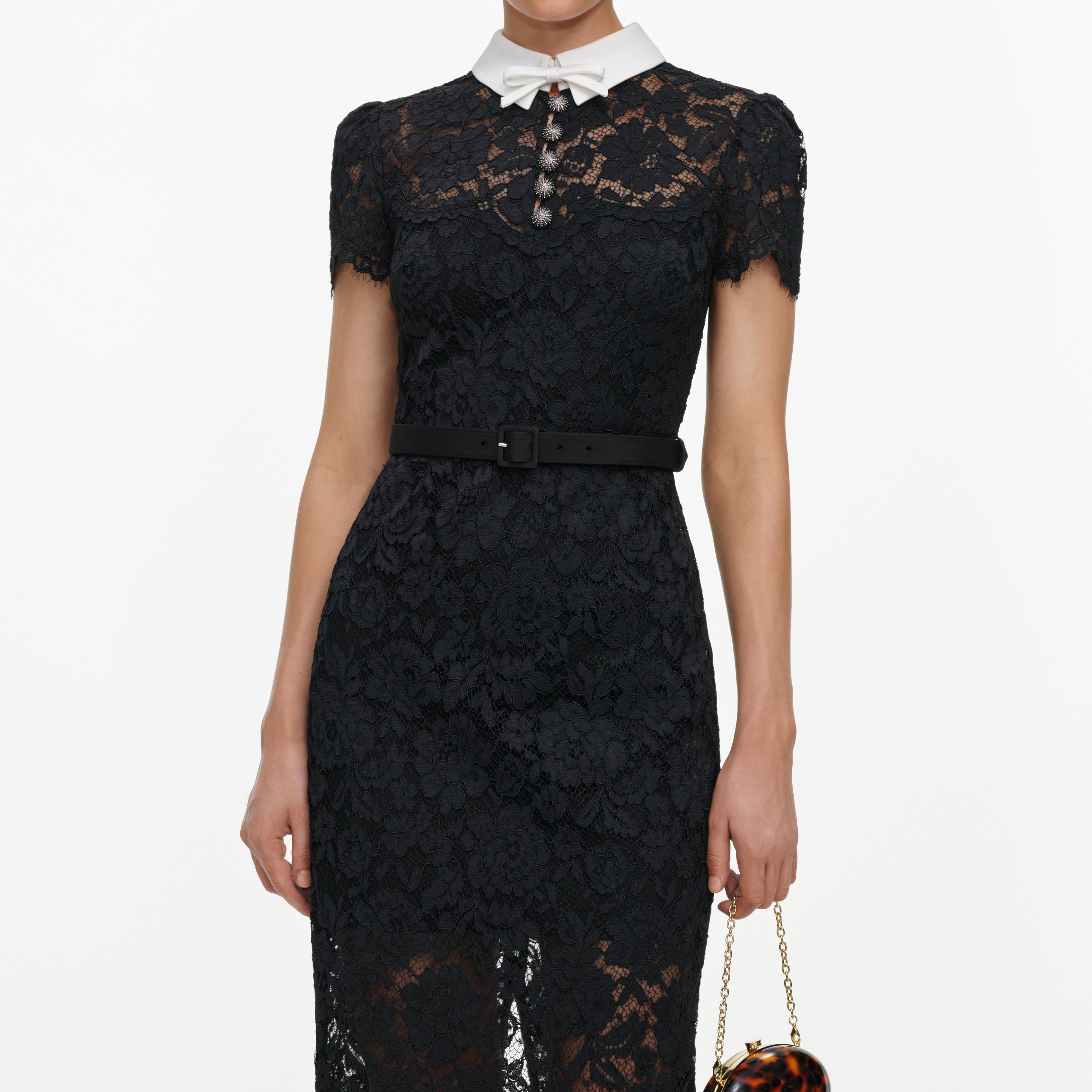 Black Lace Contrast Collar Midi Dress