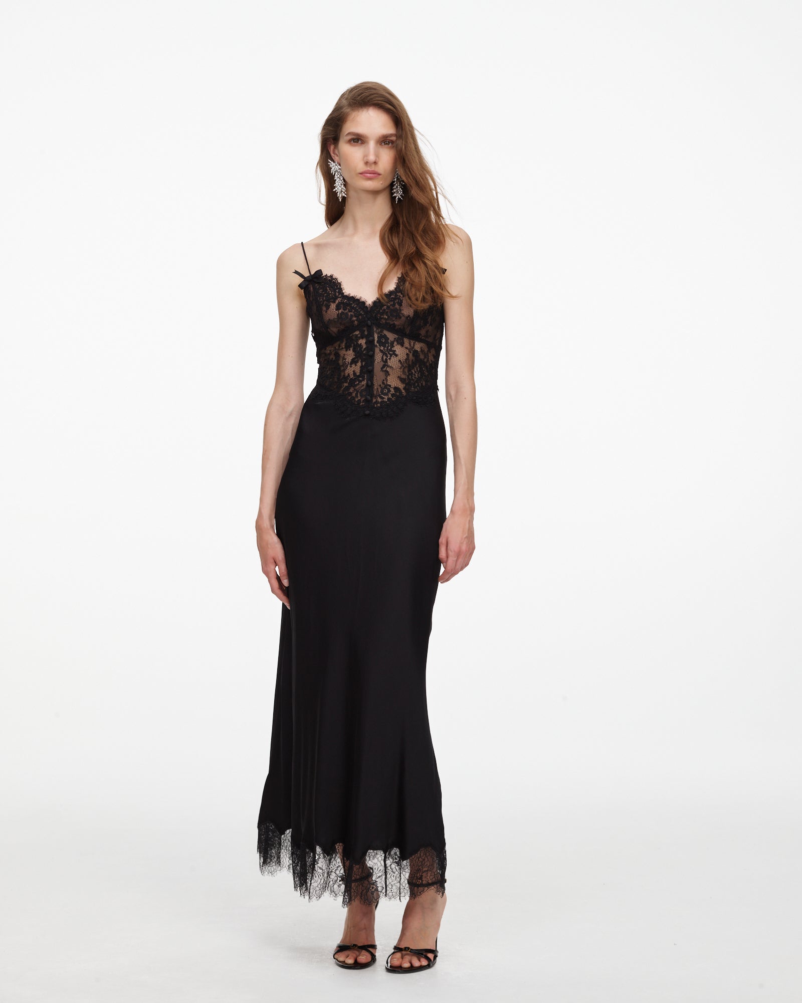 Black Satin Lace Midi Dress