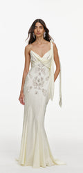 Cream Satin Jacquard Embellished Maxi Dress