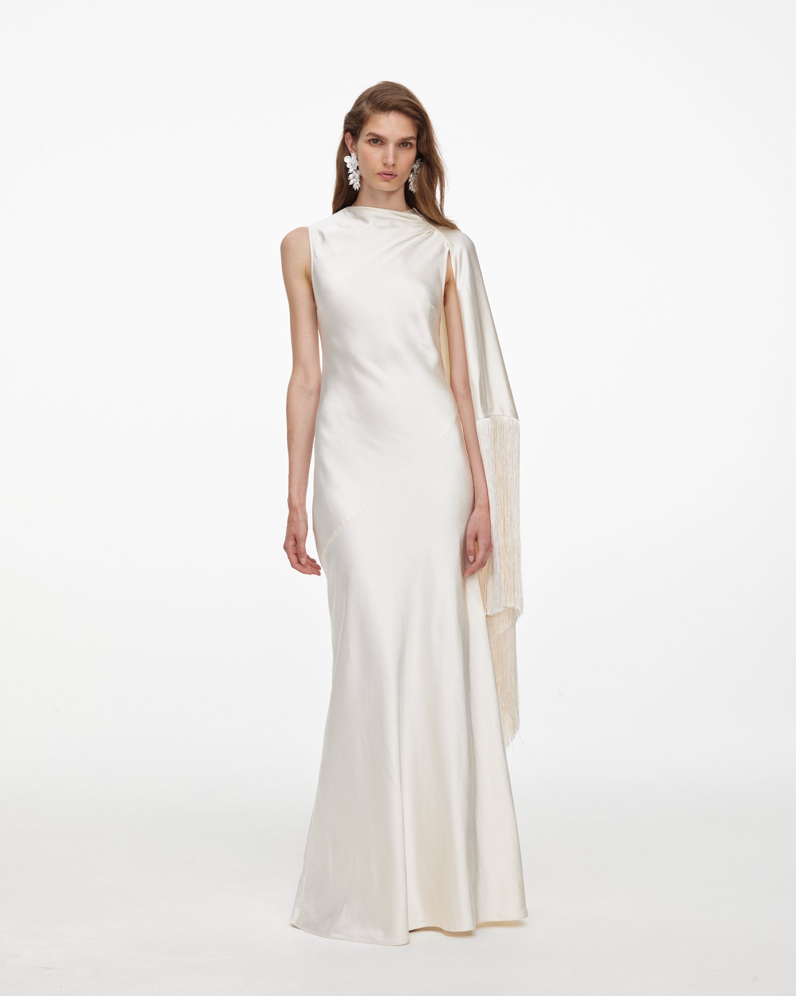 Cream Satin Fringed Maxi Dress