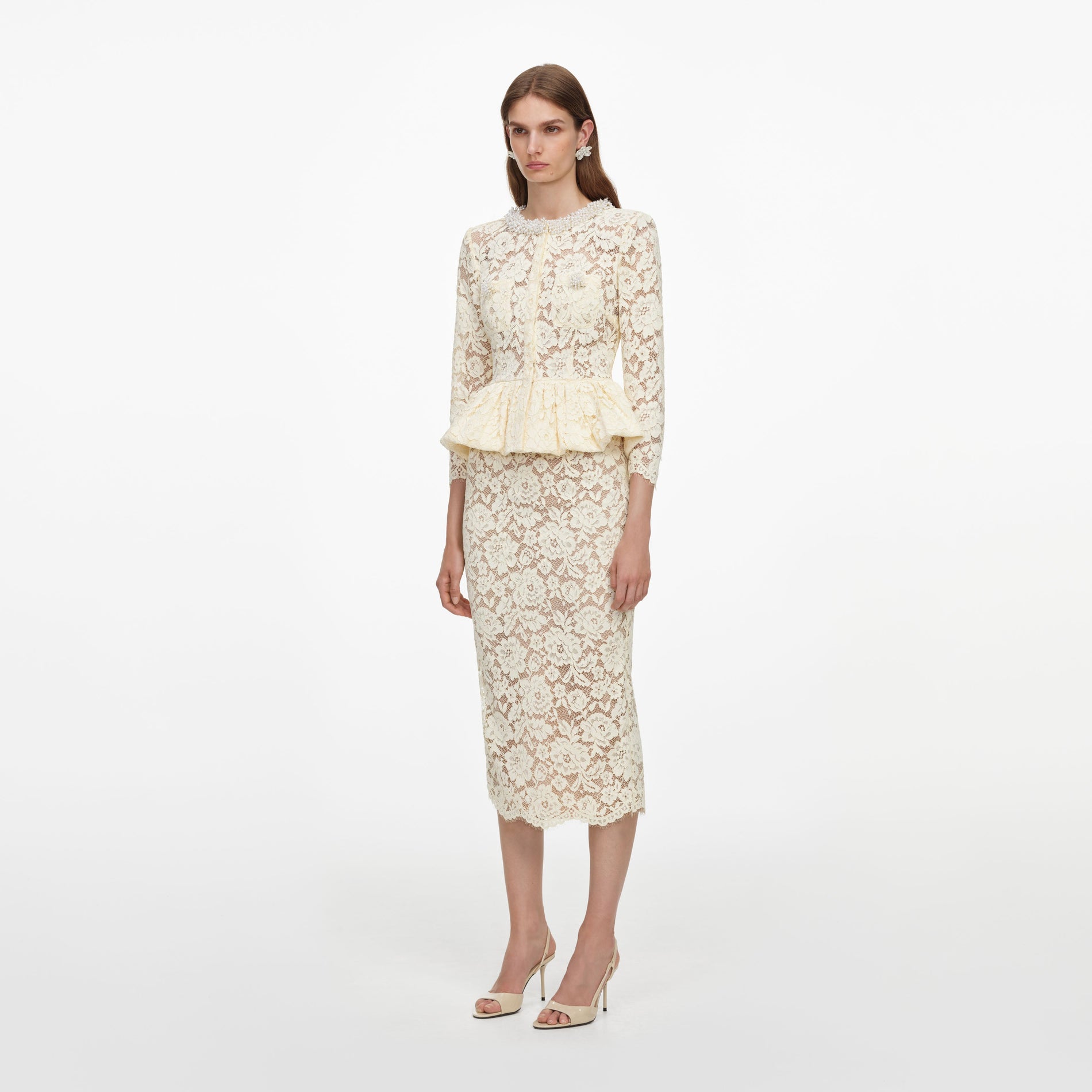 Yellow Lace Peplum Midi Dress