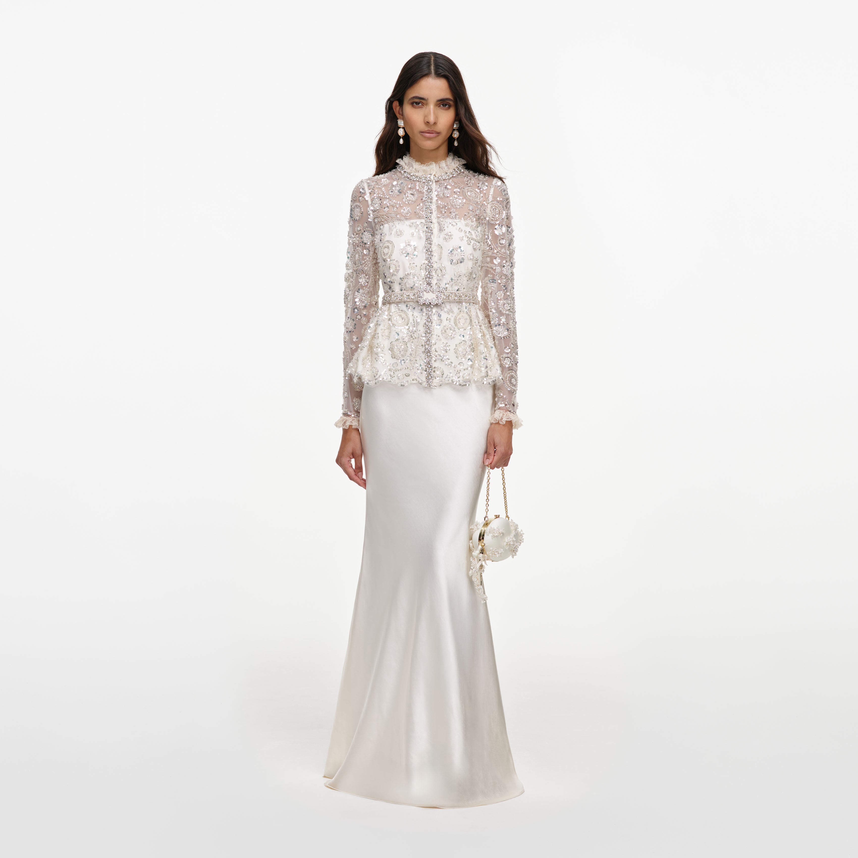 embellished maxi dress white self-portrait - Cream Sequin Satin Length:Reg. Black Flutter Sleeve Embroidered and evening occasions where elegant design
