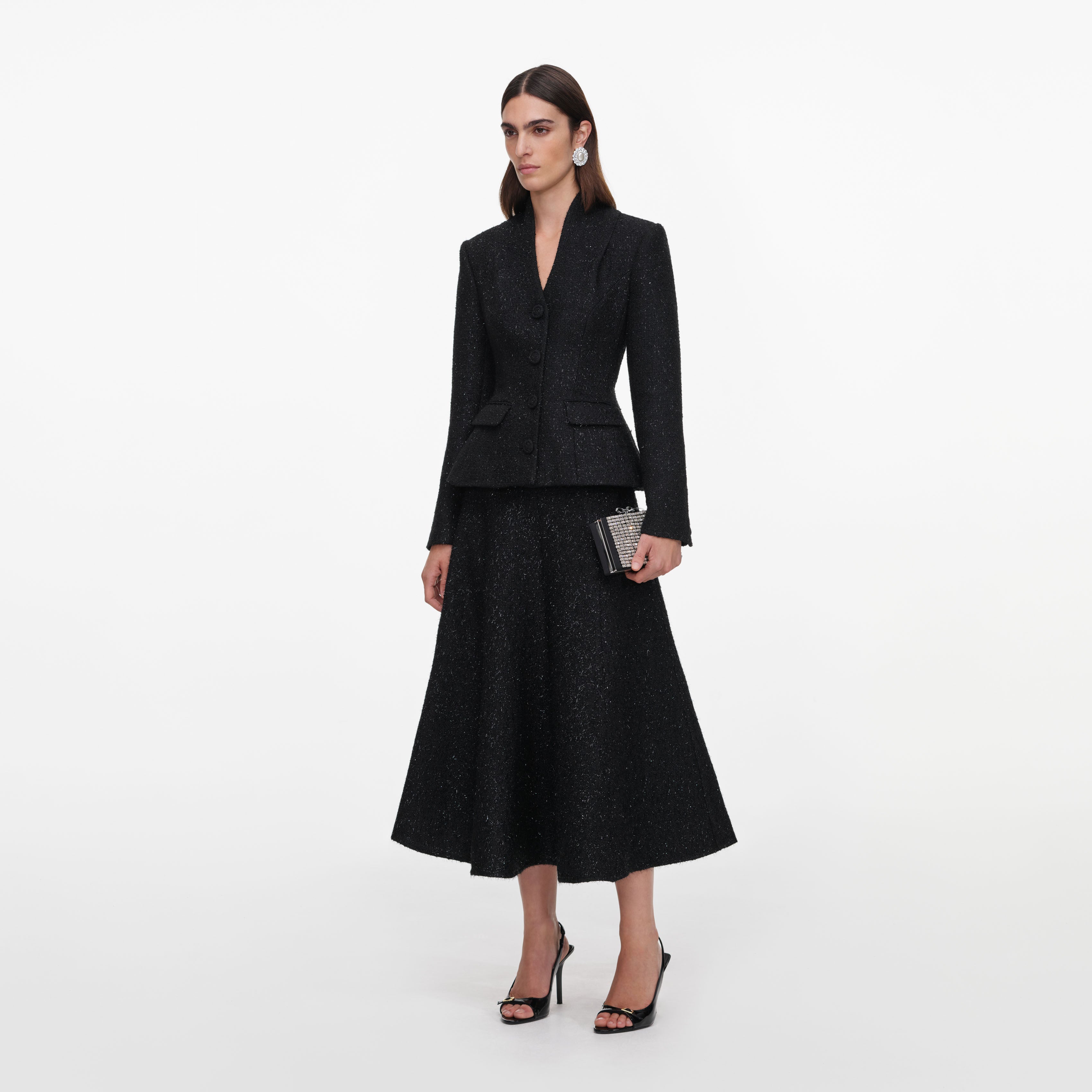 Black Metallic Boucle Midi Dress