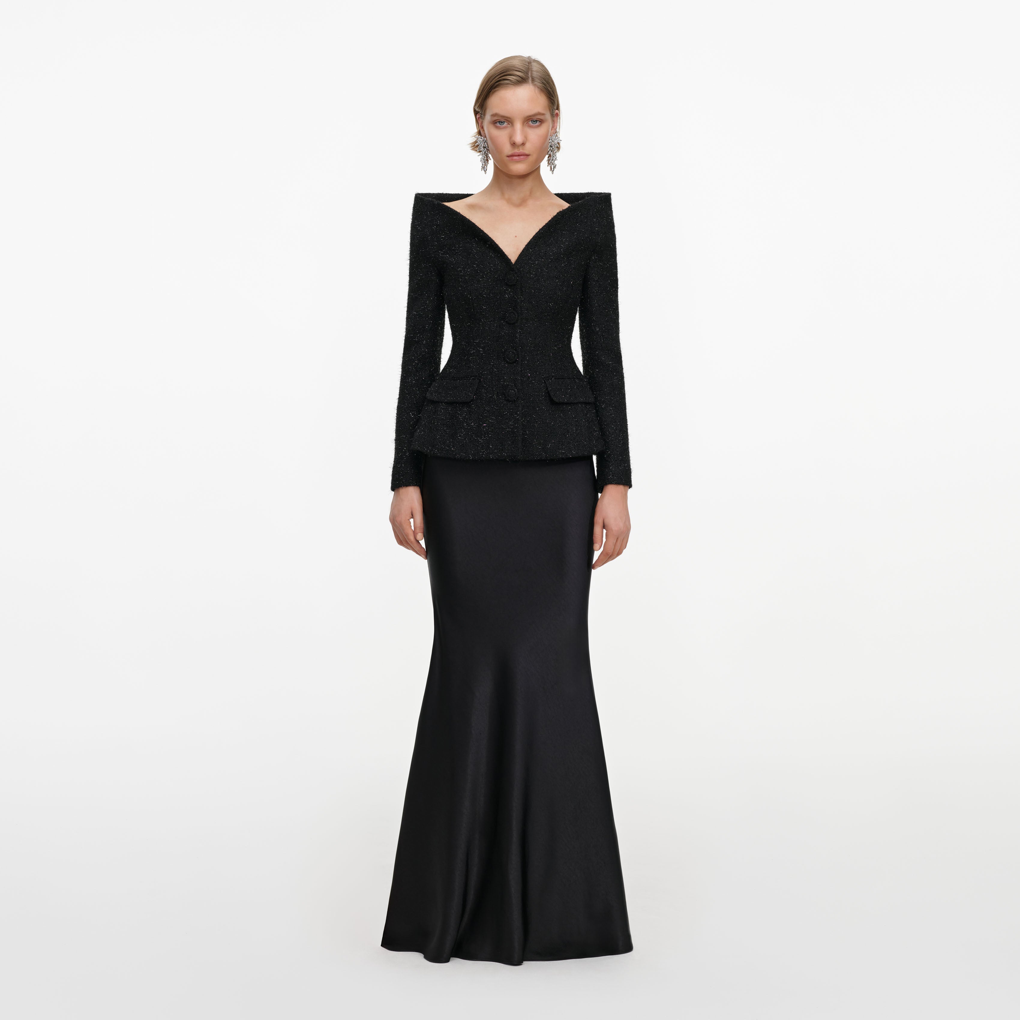 Black Metallic Boucle Satin Maxi Dress