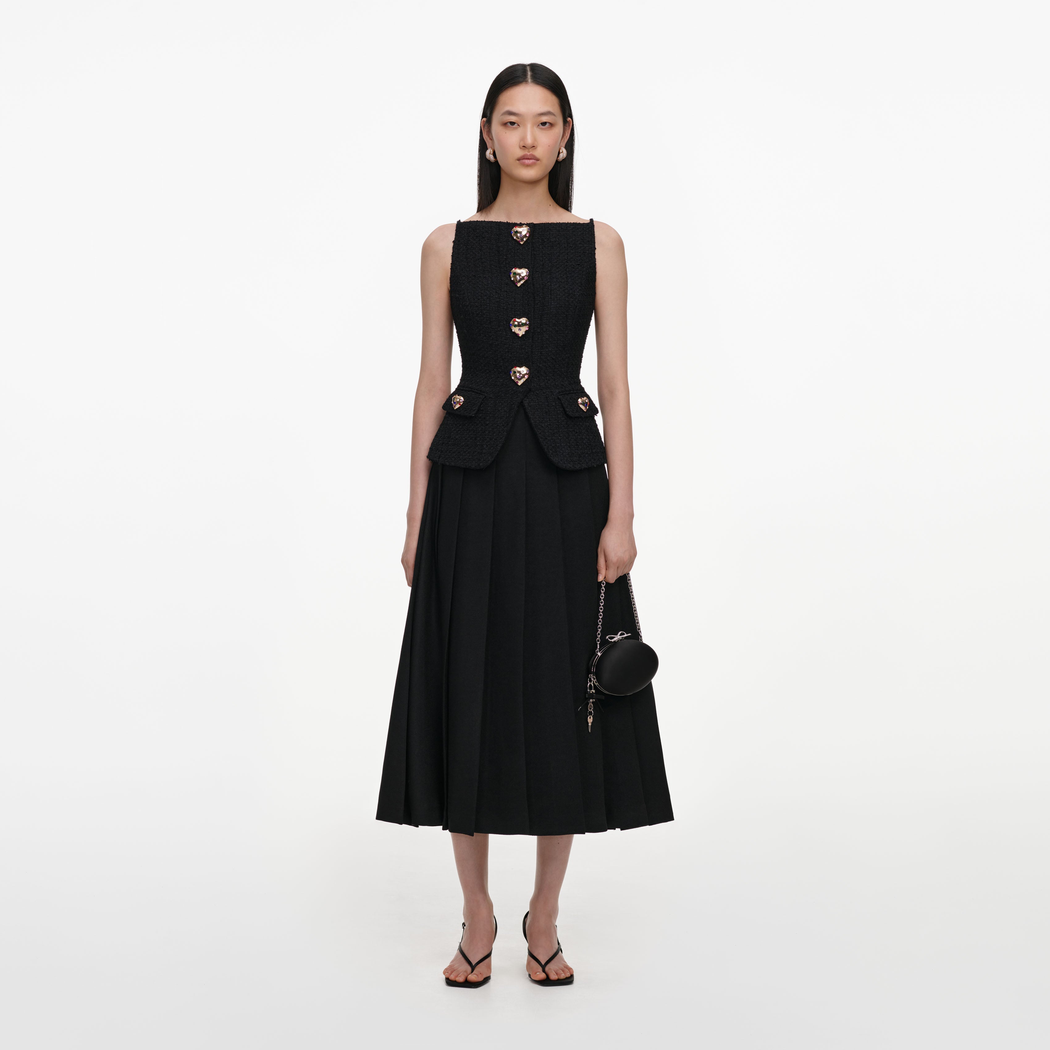 self portrait black boucle midi dress Black Boucle Crystal Trim Satin Midi Dress self-portrait-US