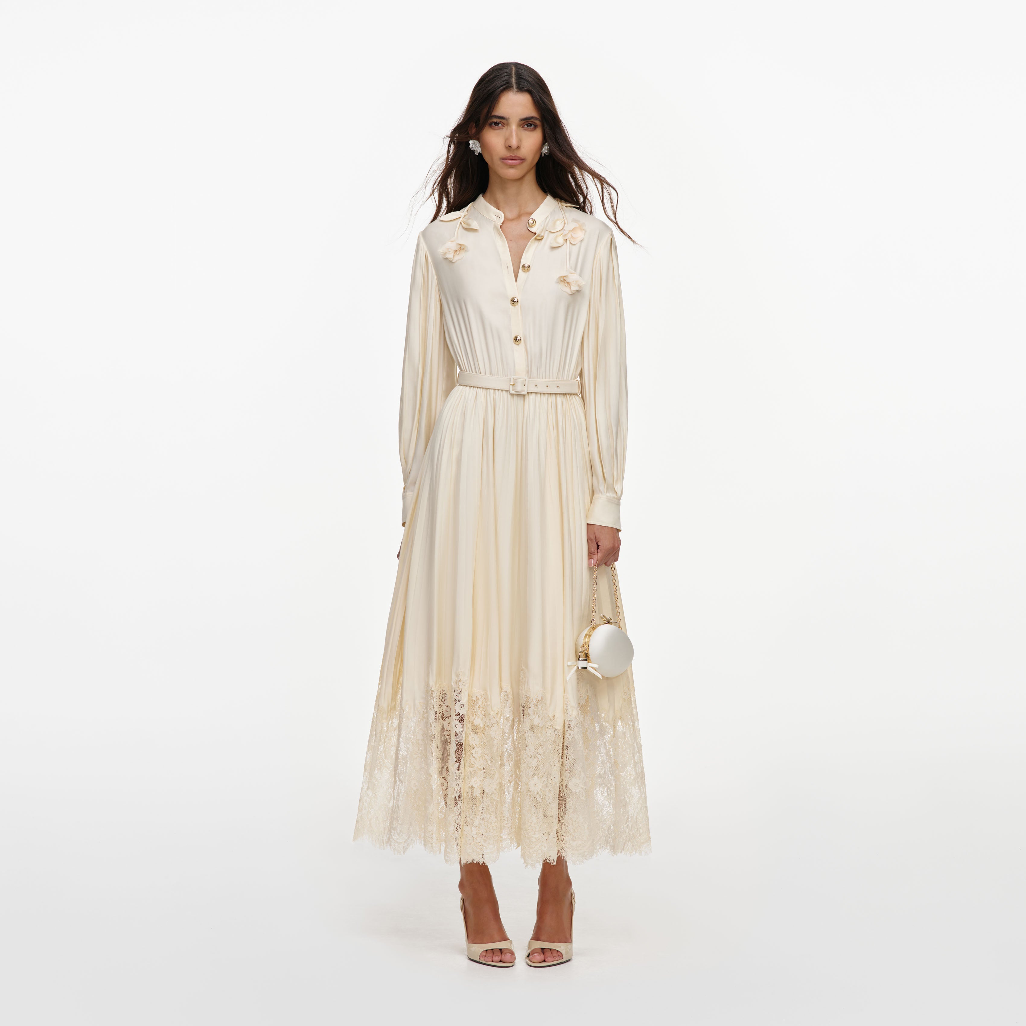 Yellow Viscose Lace Pleated Midi Dress