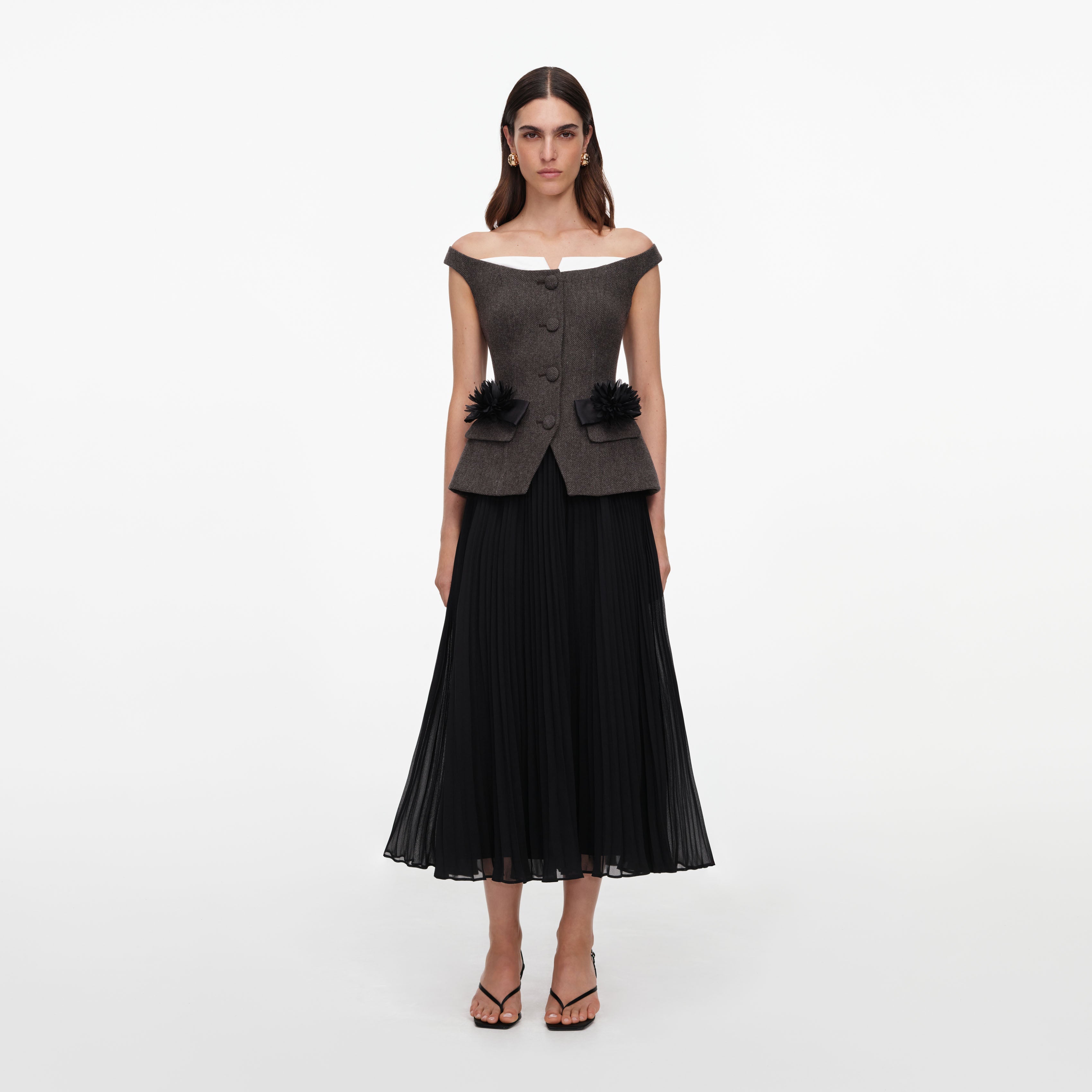 off the shoulder chiffon midi dress Brown Off Shoulder Chiffon Midi Dress  self-portrait-US