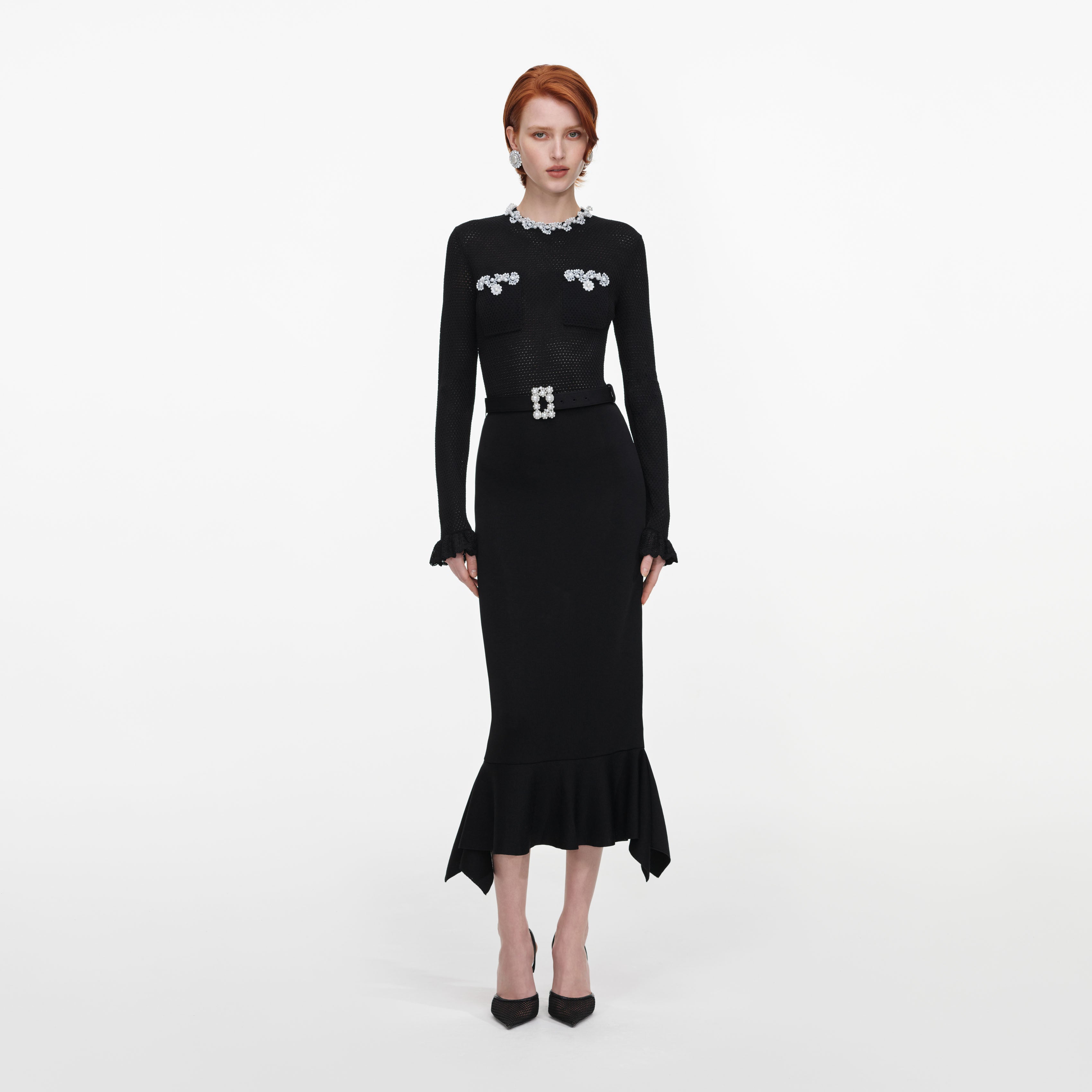 self-portrait - Black Pearl Trim Knit Midi Dress