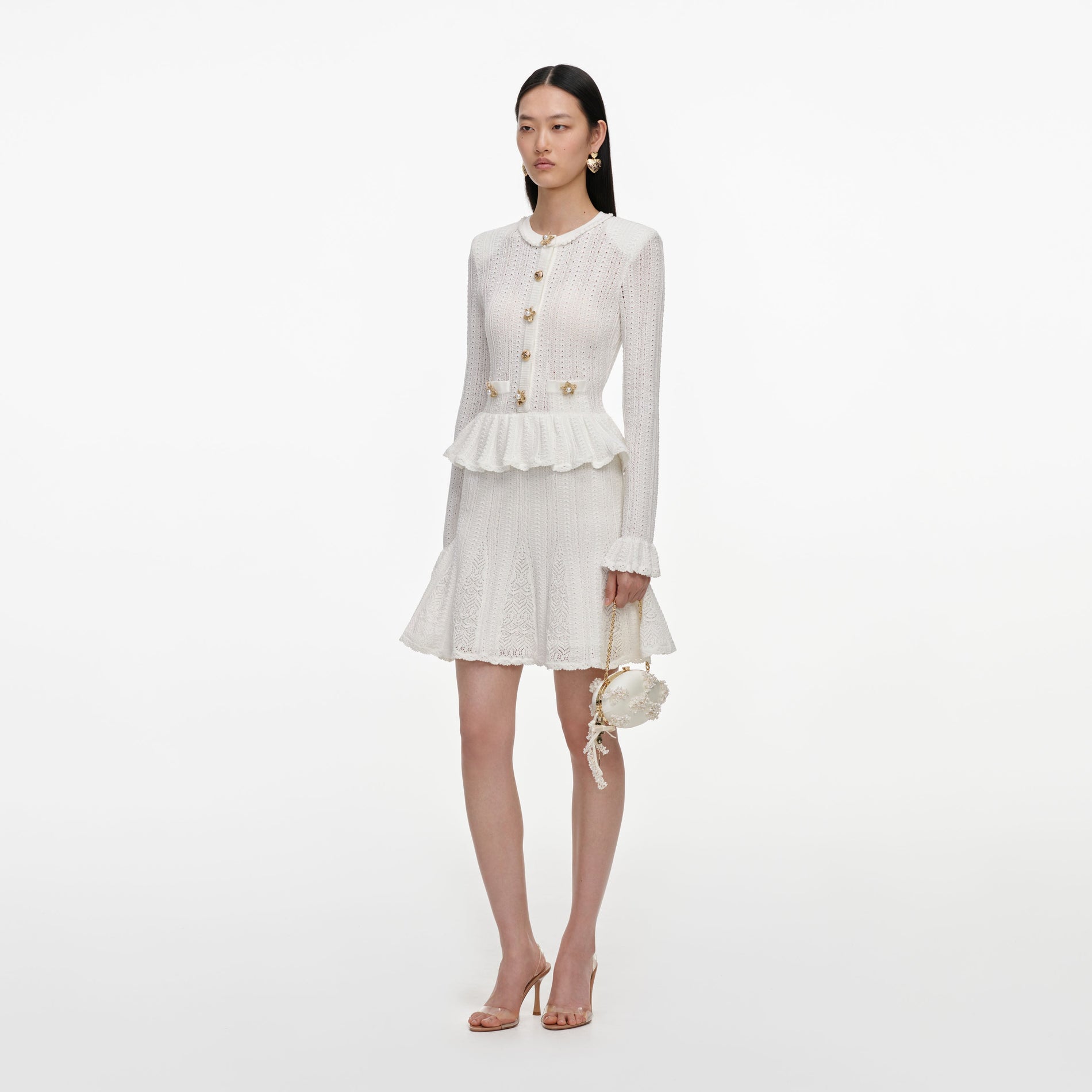 White Pointelle Peplum Knit Mini Dress