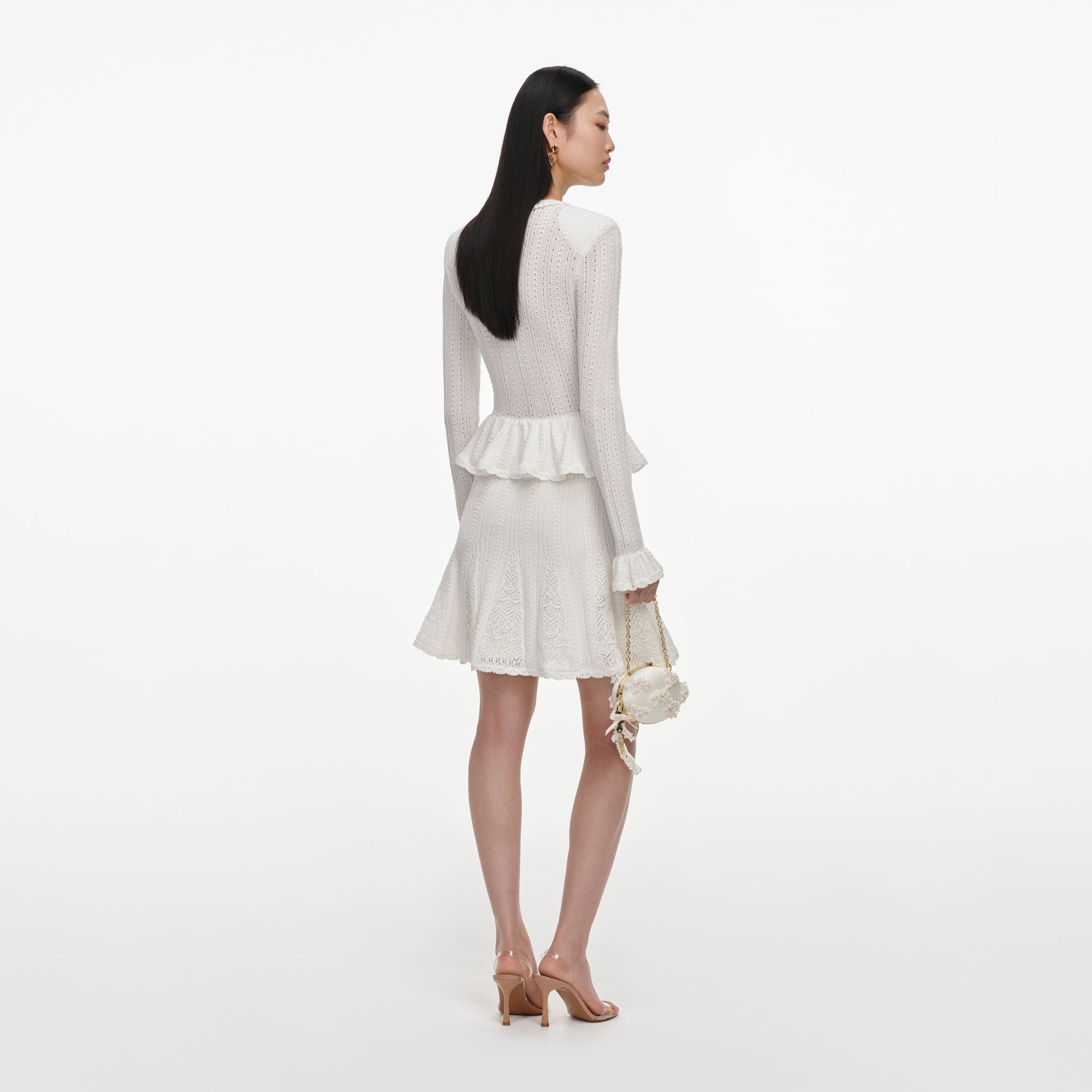 White Pointelle Peplum Knit Mini Dress