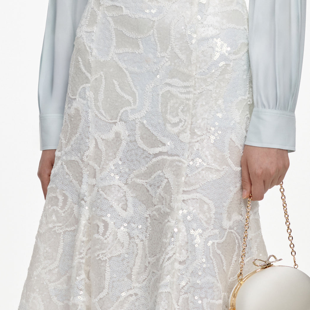 White Sequin Lace Midi Skirt