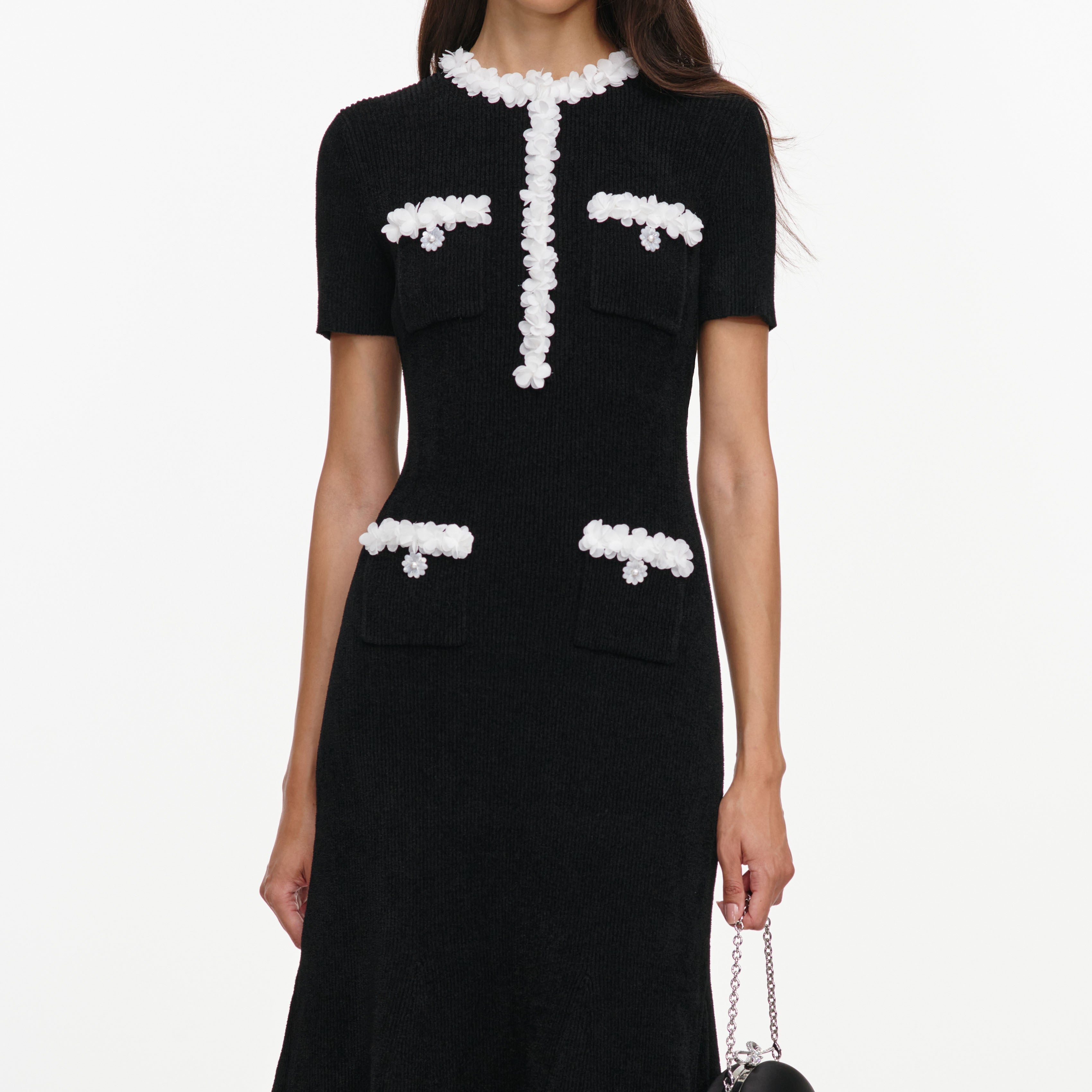 Black Chenille Knit Flower Trim Midi Dress