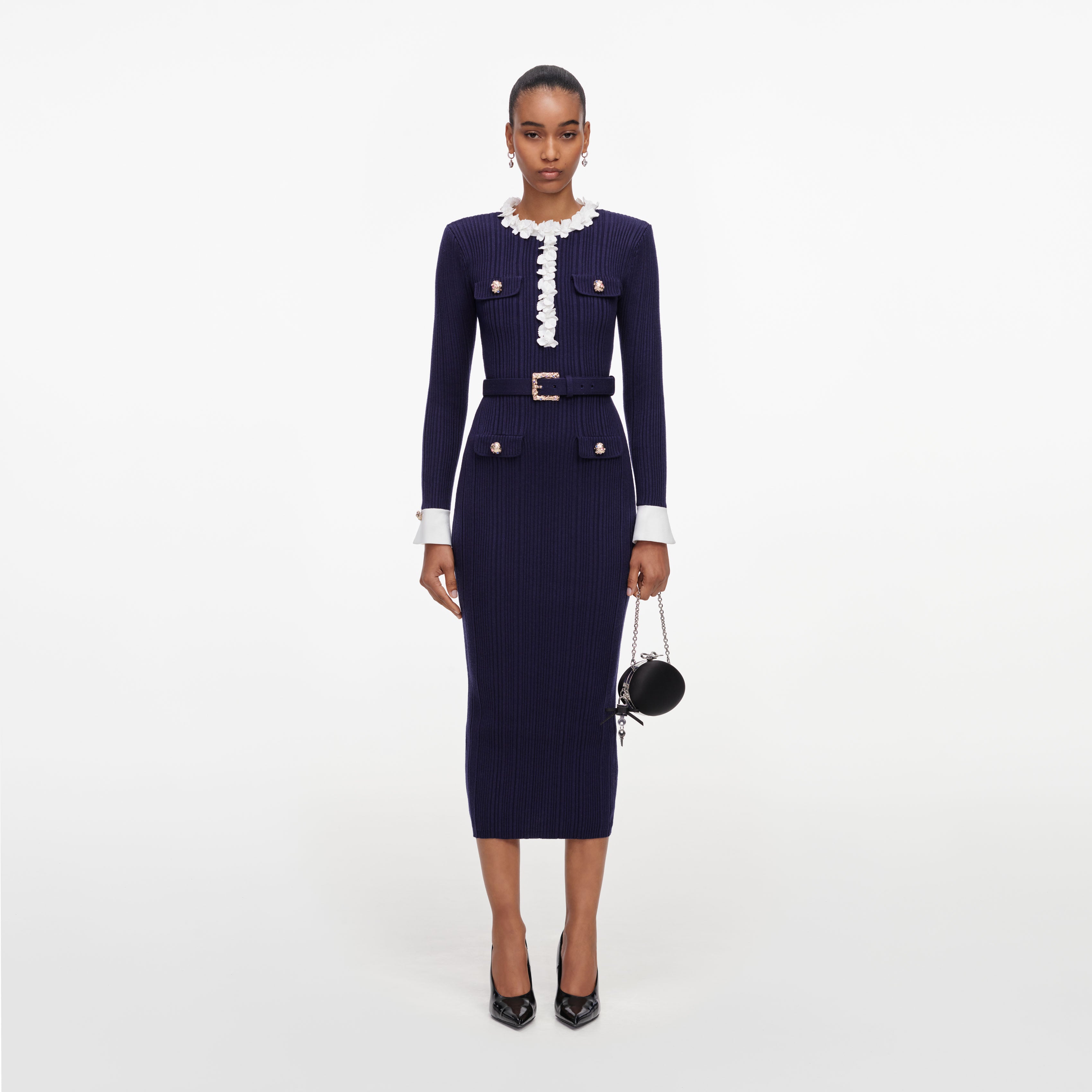 ワンピース andwang Ribcrafted Knit Dress Set Navy Flower Rib Knit Midi Dress – self-portrait-US