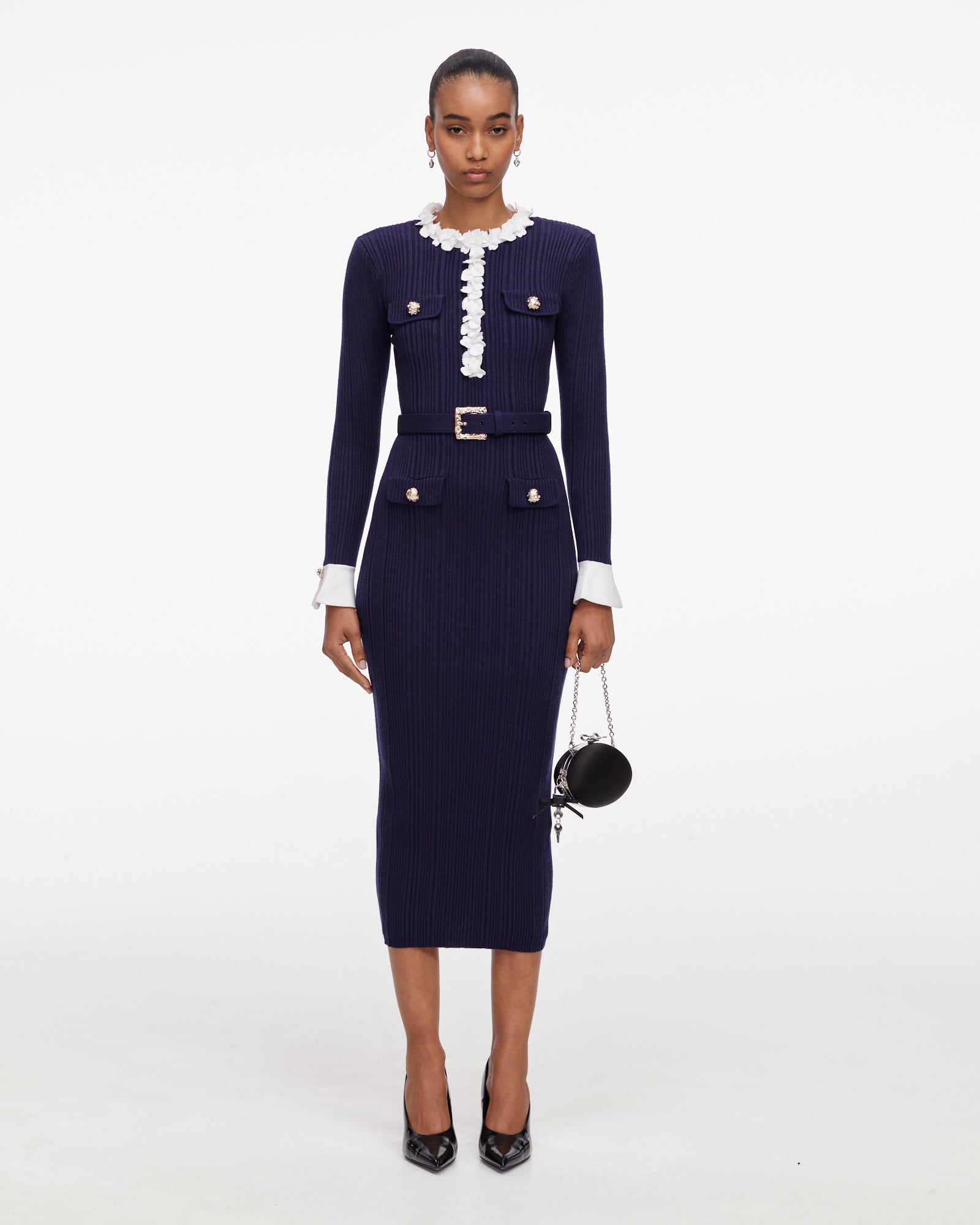 Navy Flower Rib Knit Midi Dress