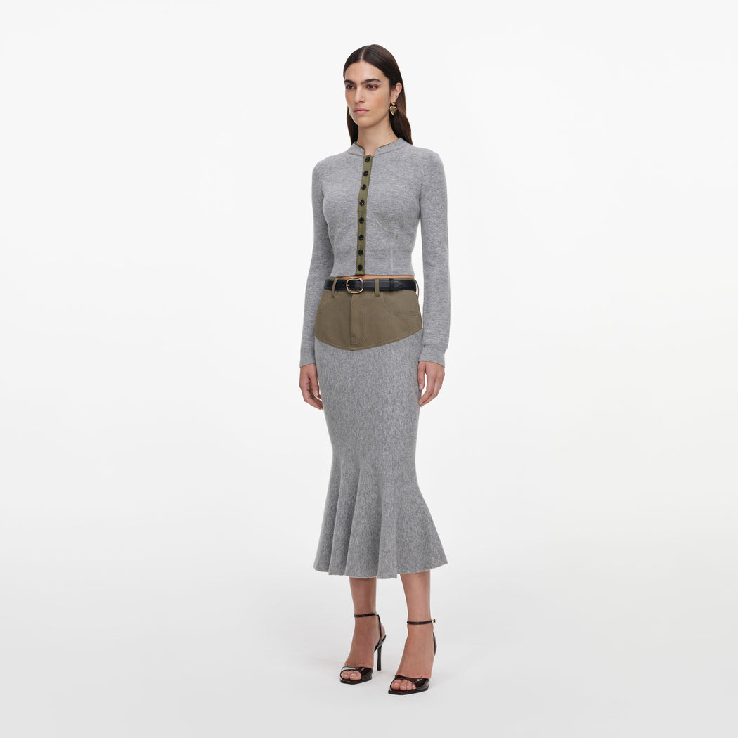 Grey Knit Khaki Denim Insert Midi Skirt