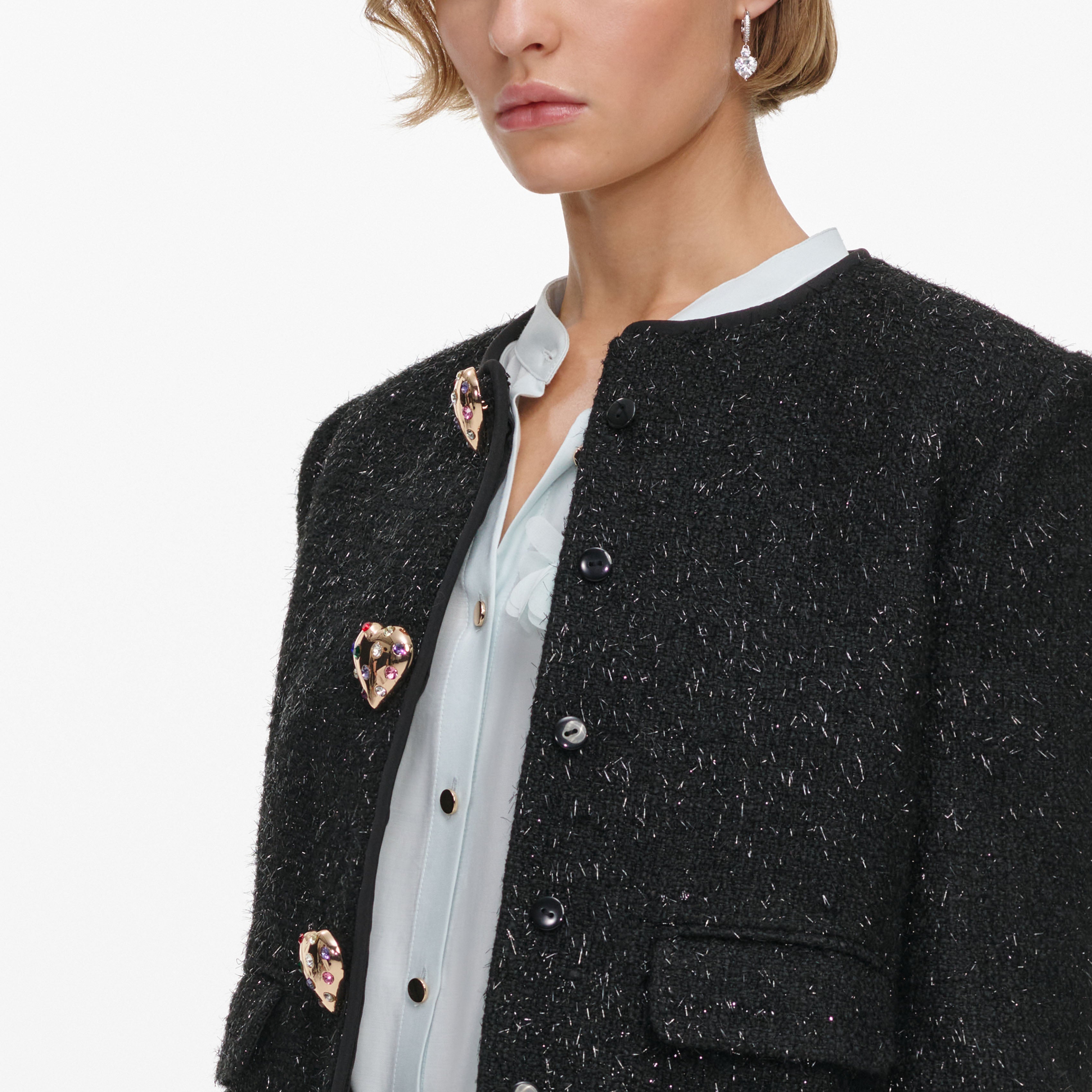 Black Metallic Boucle Fur Cuff Jacket