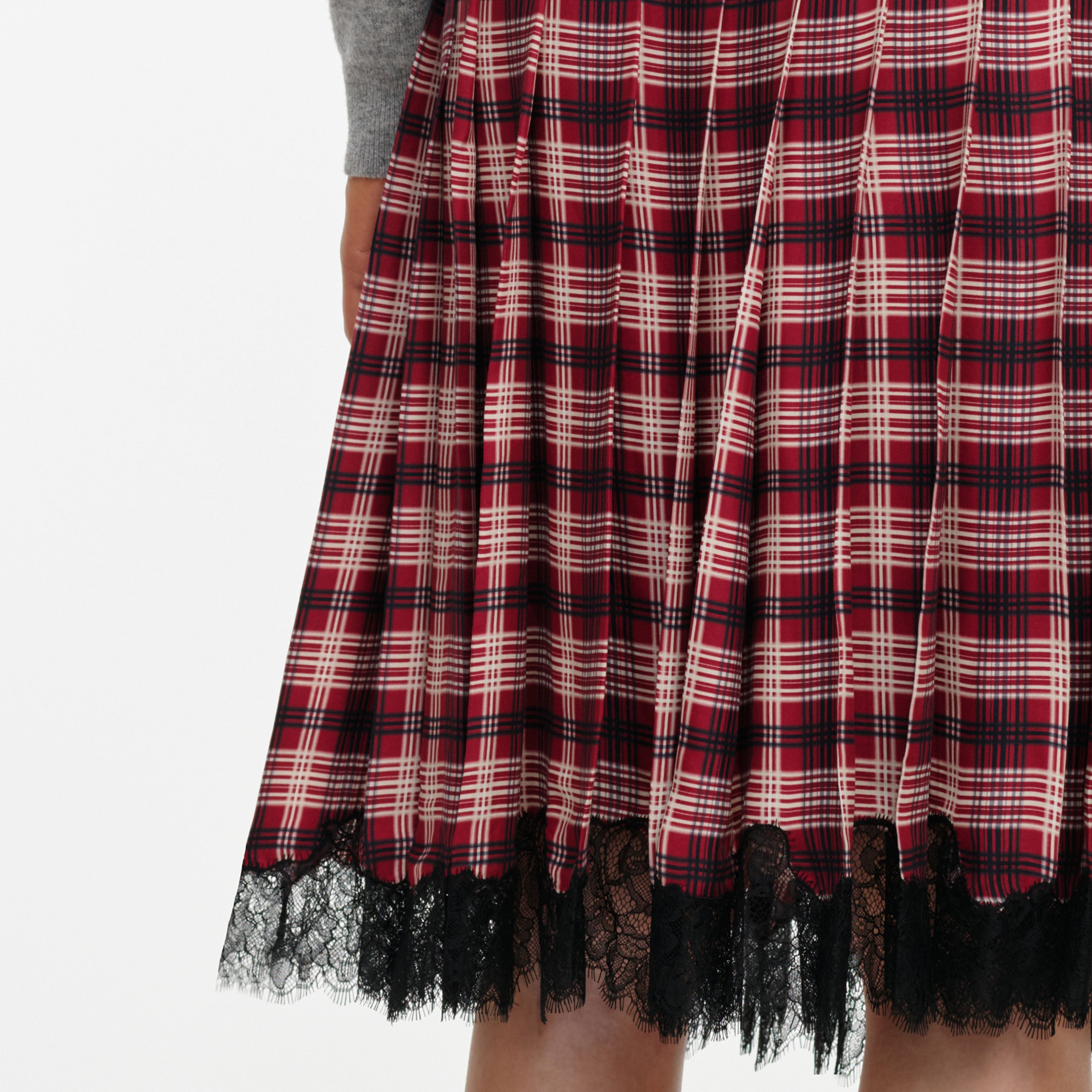 Burgundy Check Chiffon Midi Skirt