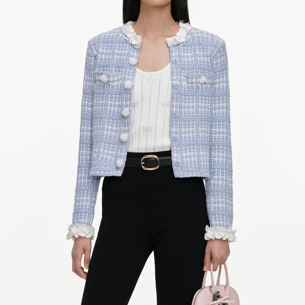 Blue Check Knit Beaded Jacket