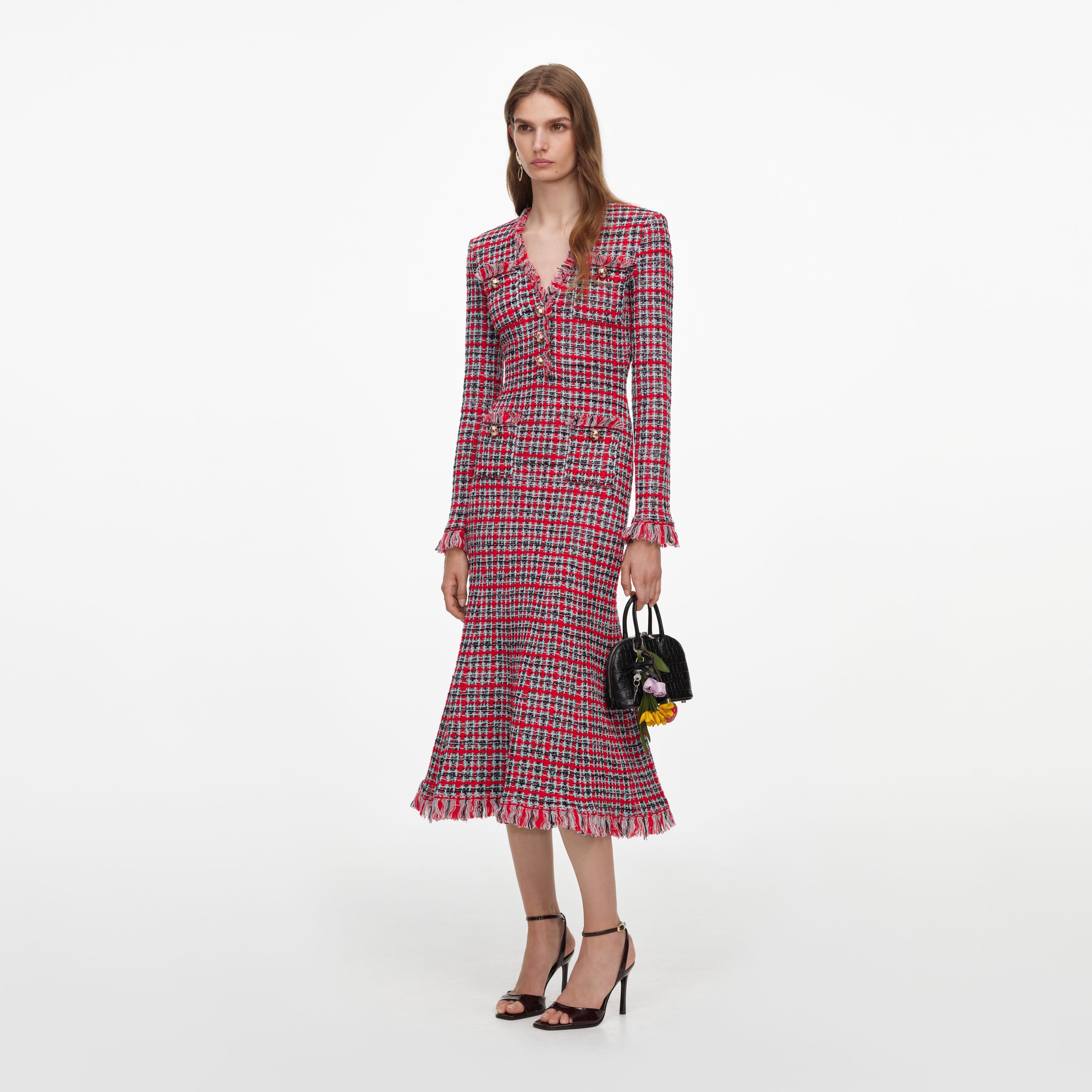 Red Check Frayed Knit Midi Dress