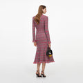 Red Check Frayed Knit Midi Dress