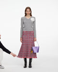 Red Check Frayed Knit Midi Skirt