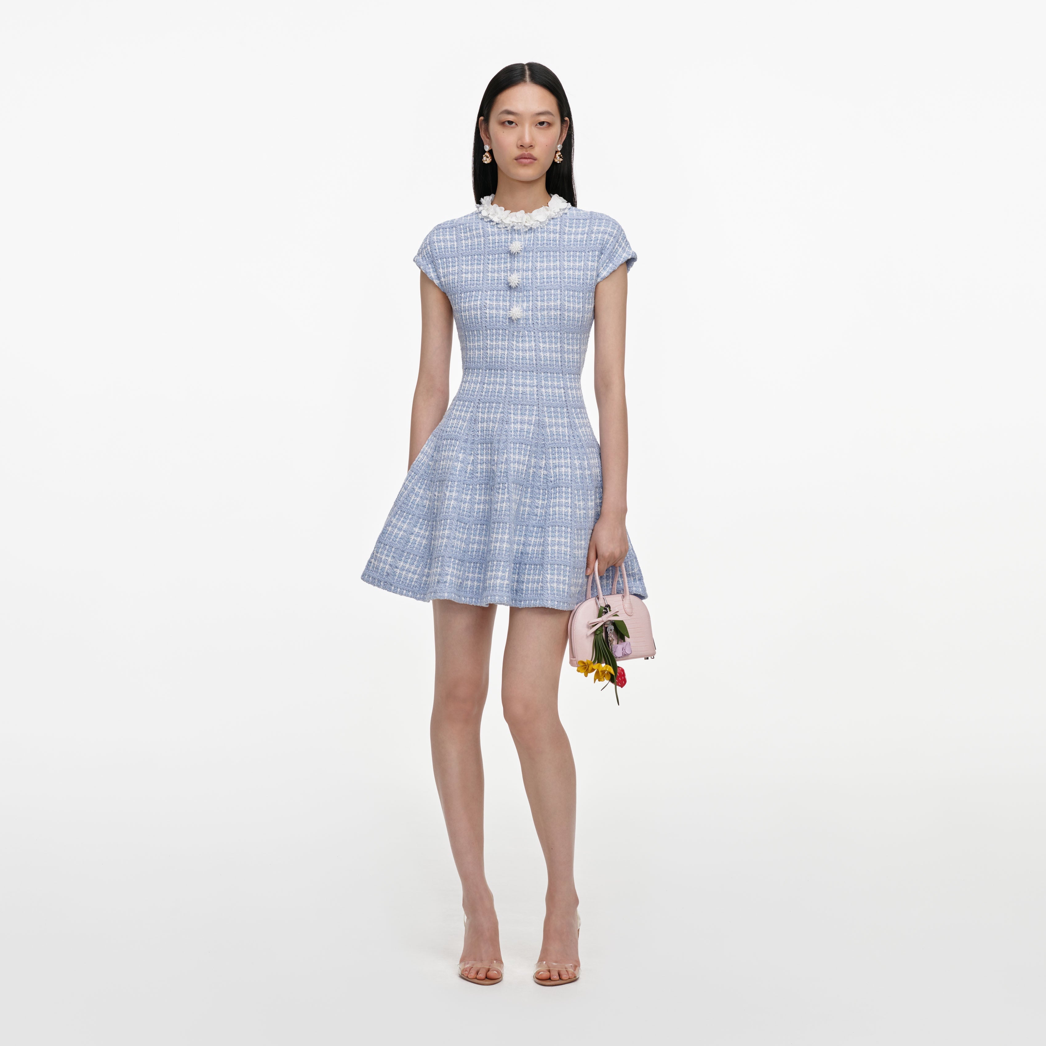 self-portrait - Blue Check Knit Beaded Mini Dress
