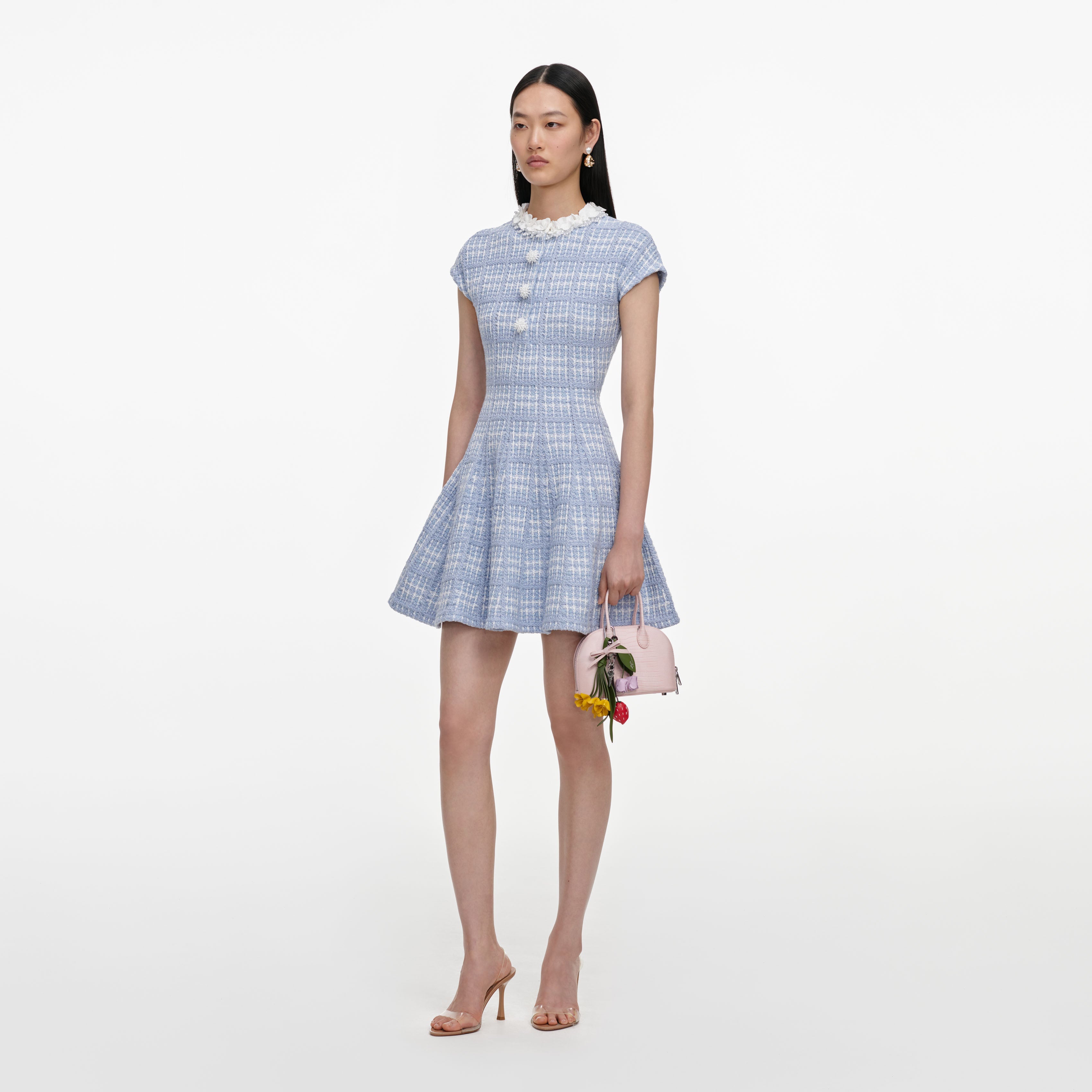 Blue Check Knit Beaded Mini Dress