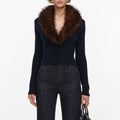 Navy Faux Fur Knit Cardigan