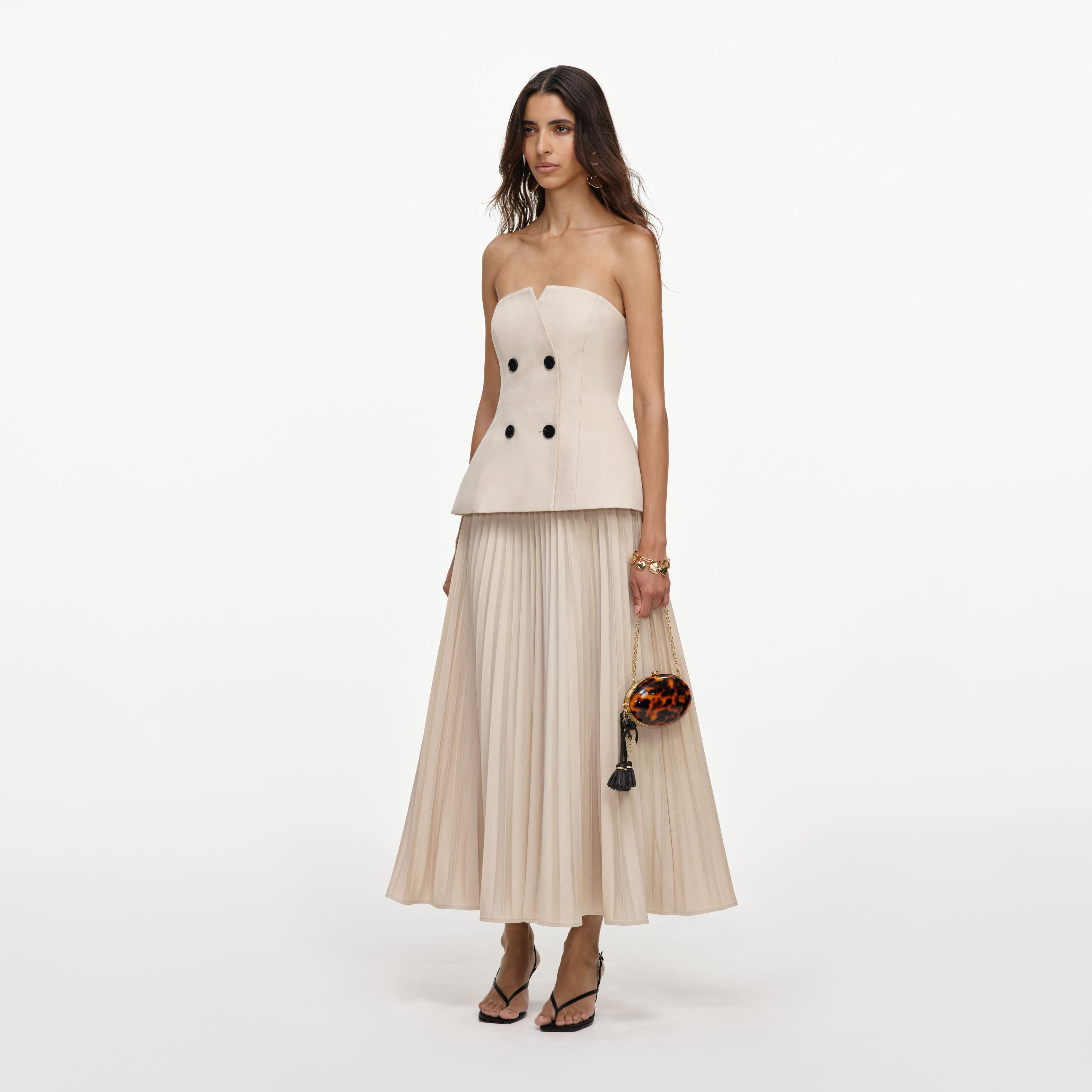 Beige Bandeau Pleated Midi Dress