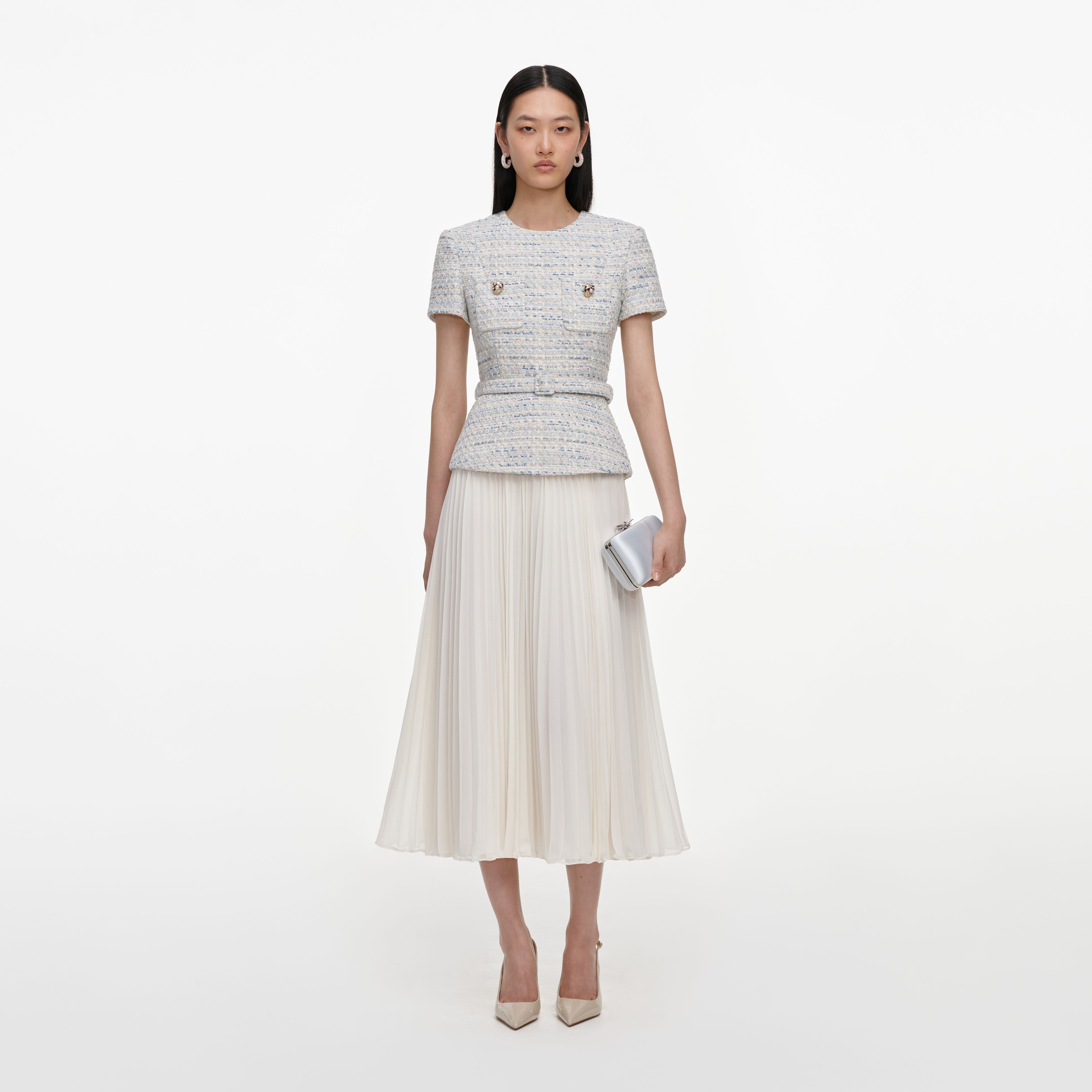 self-portrait - Blue Boucle Chiffon Midi Dress
