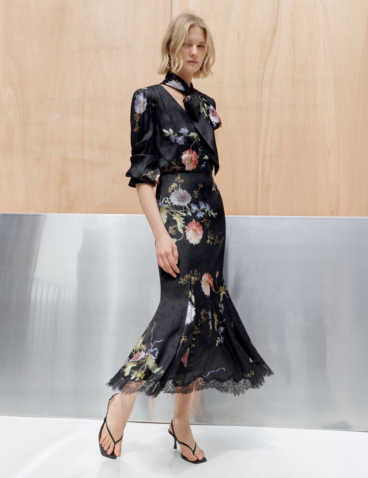 Black Satin Floral Printed Midi Dress
