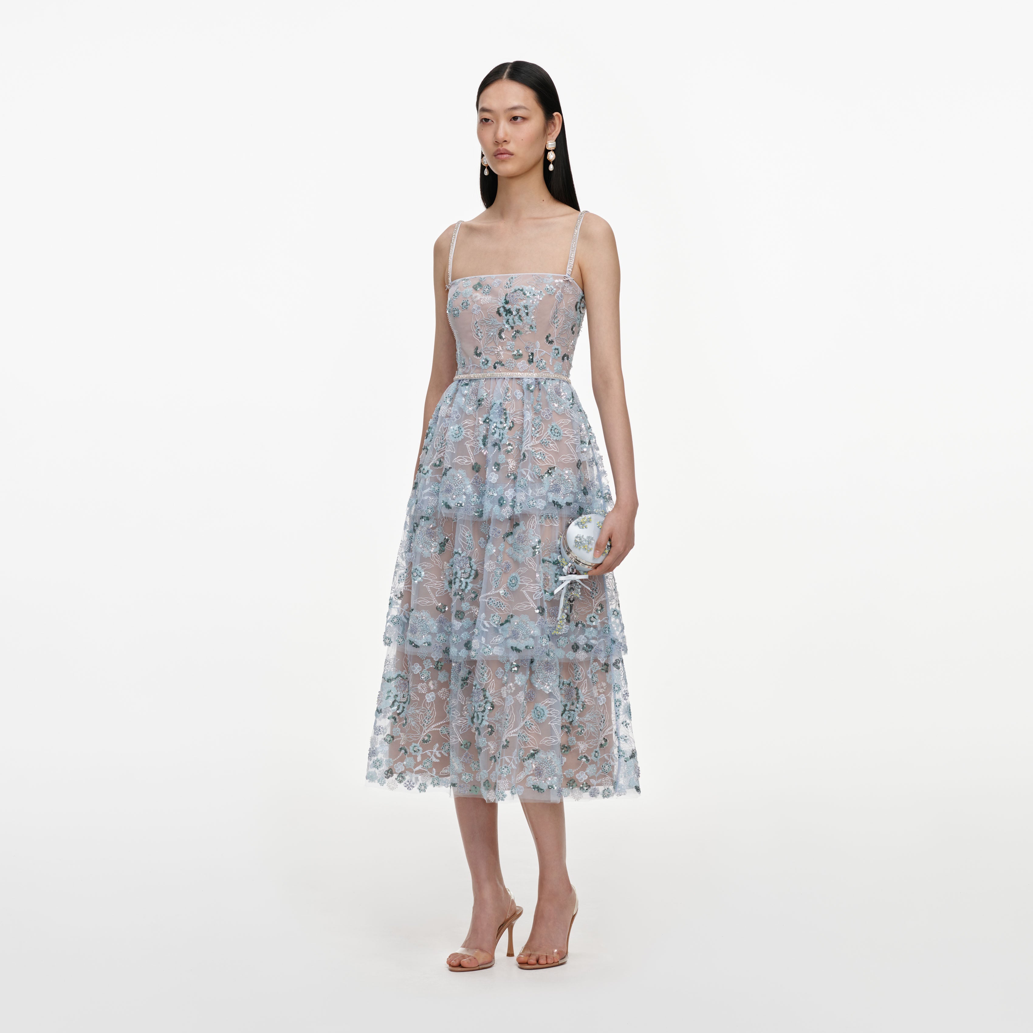 Blue Sequin Embellished Tiered Midi Dress