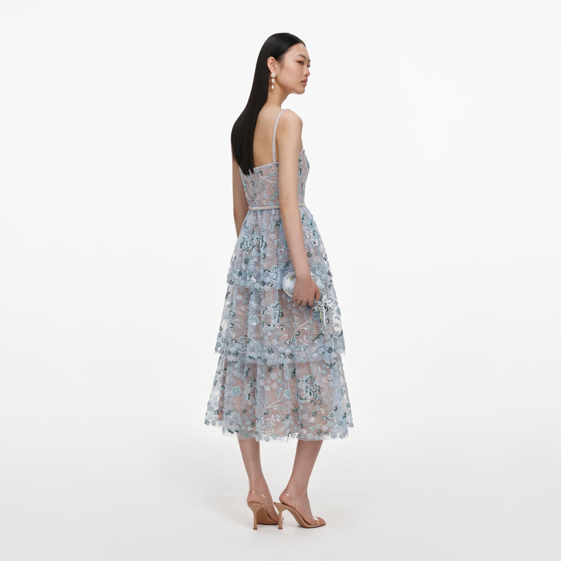 Blue Sequin Embellished Tiered Midi Dress